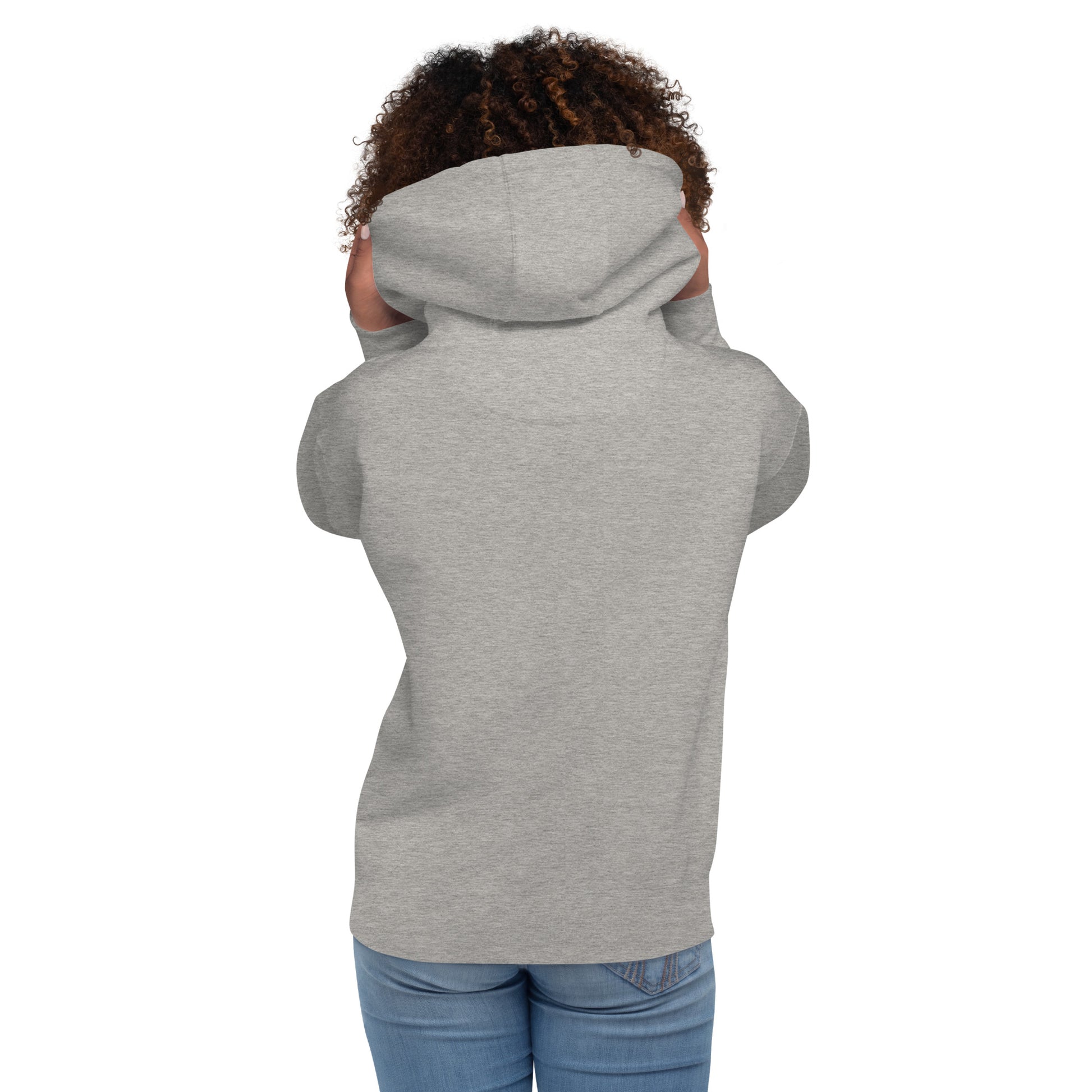 Heather gray pullover hoodie, back view with hood; long sleeves and kangaroo pocket.