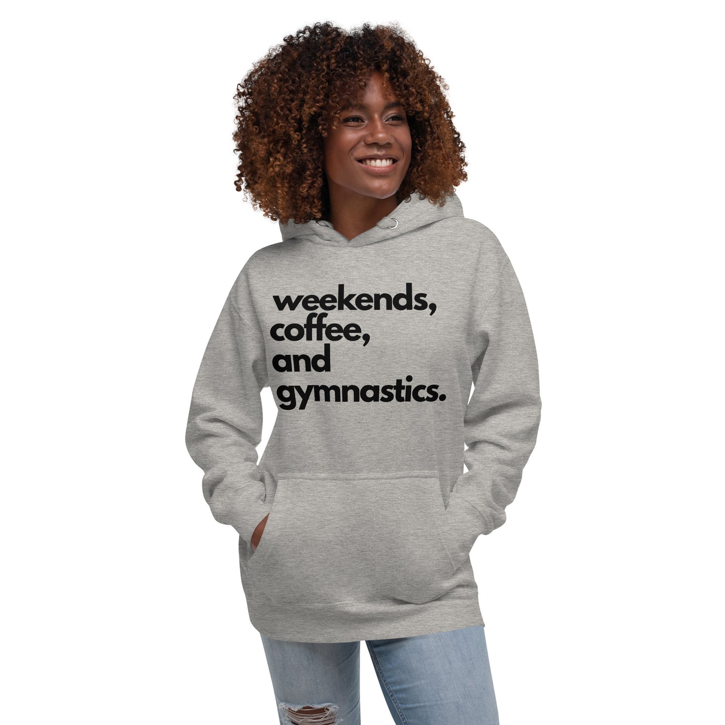 Heather gray pullover hoodie with front text: “weekends, coffee, and gymnastics.”