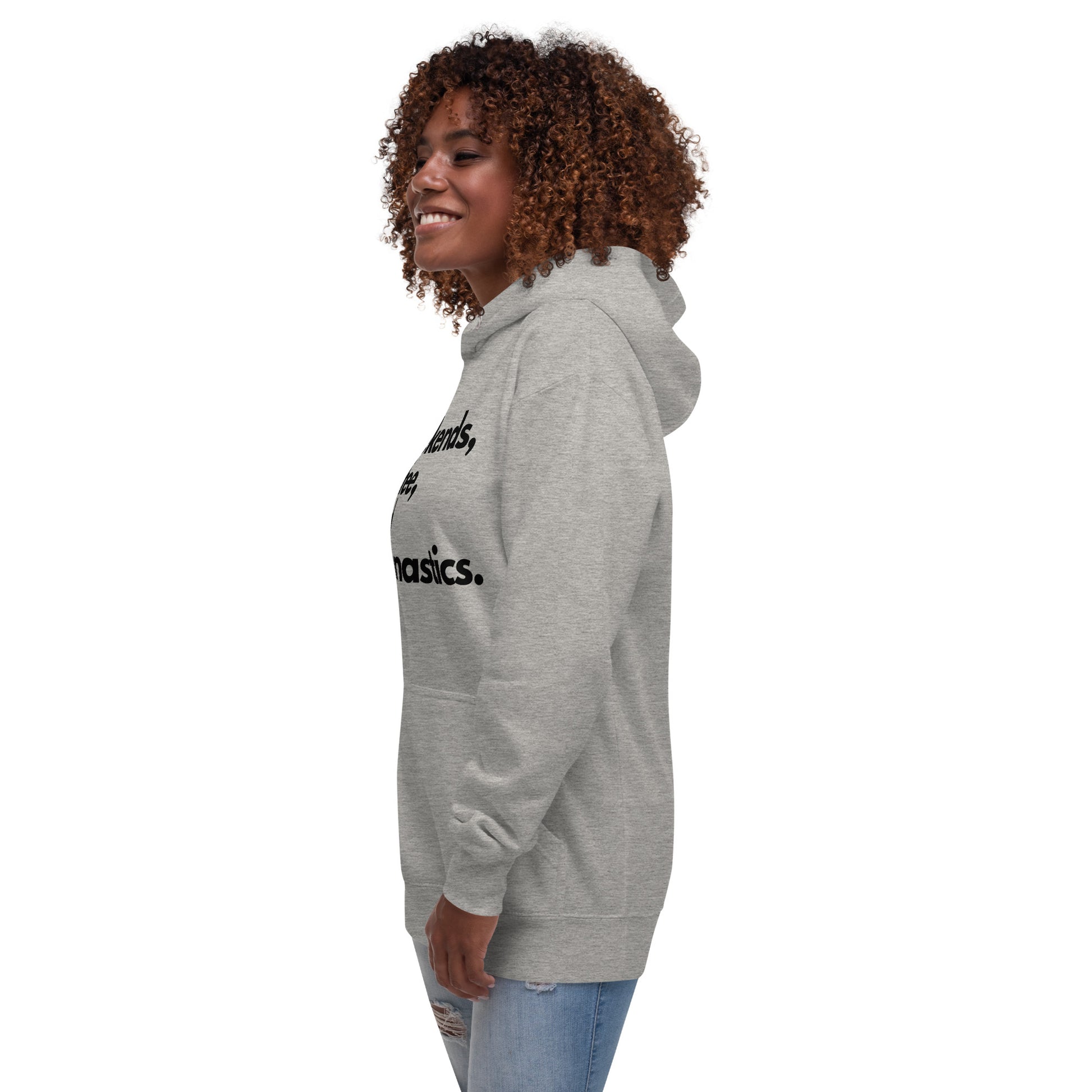 Heather gray pullover hoodie with partial side text; hood up.