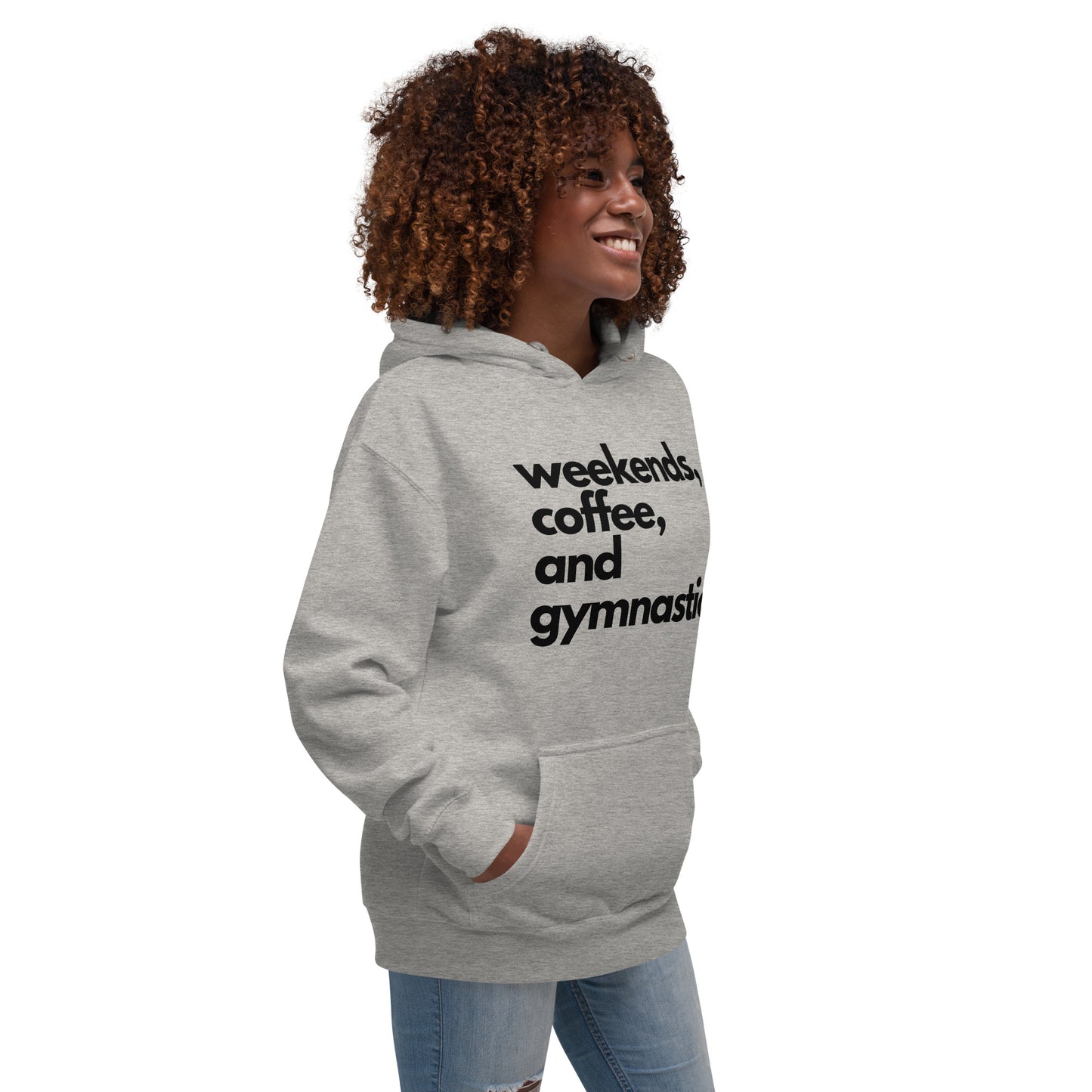 Heather gray pullover hoodie with front text: “weekends, coffee, and gymnastics.”