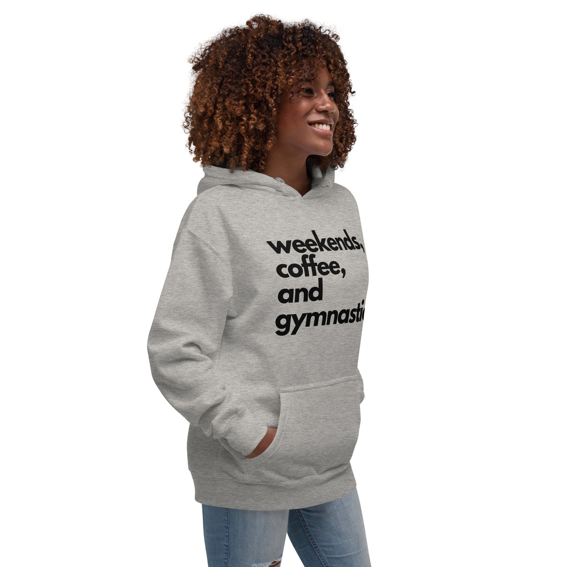 Heather gray pullover hoodie with front text: “weekends, coffee, and gymnastics.”