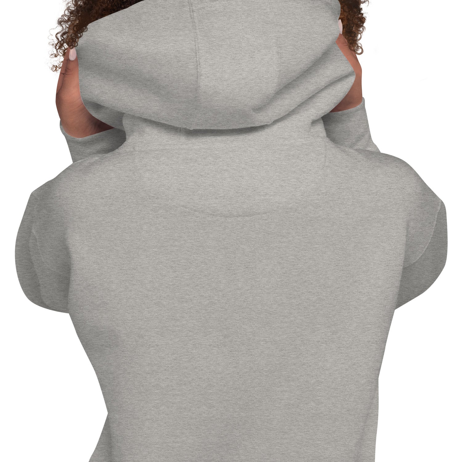 Heather gray pullover hoodie, hood up; back view without visible graphic.