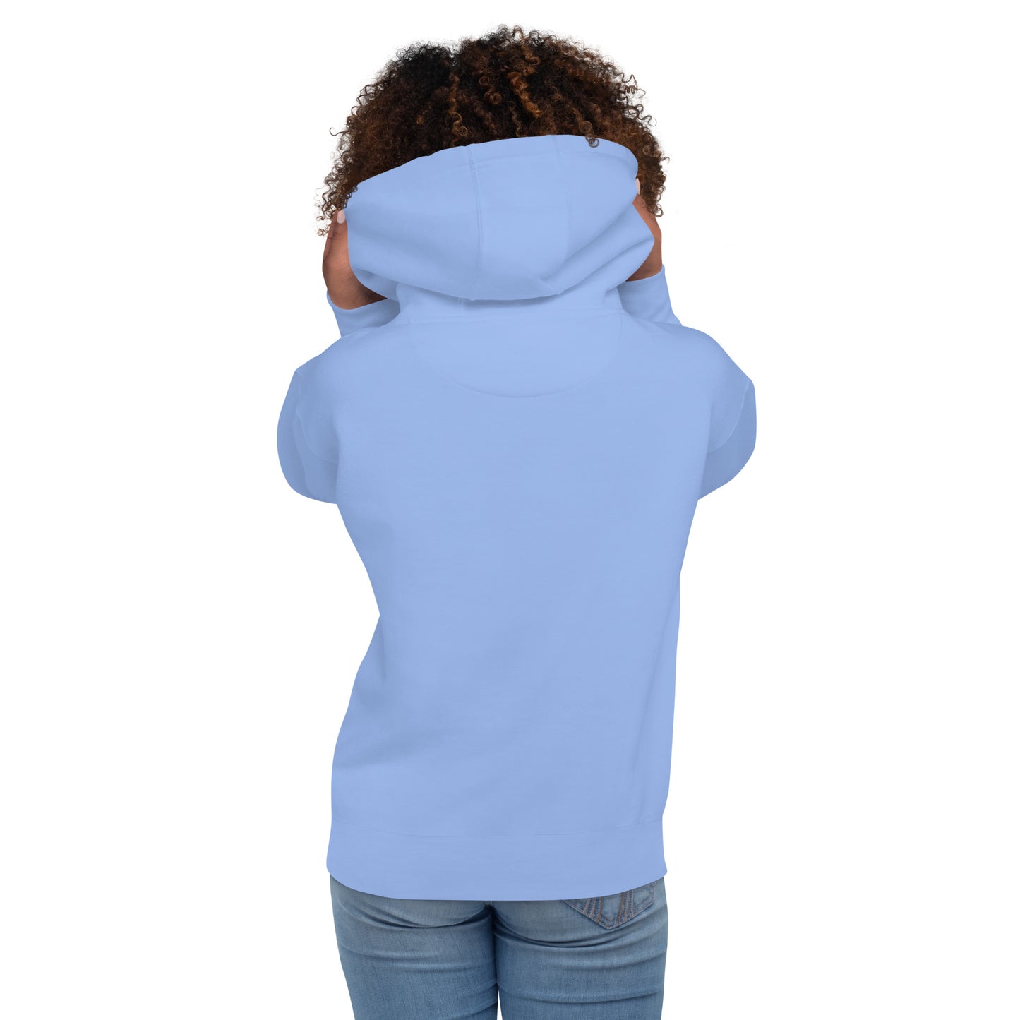Light blue hoodie back view with full hood and pouch pocket