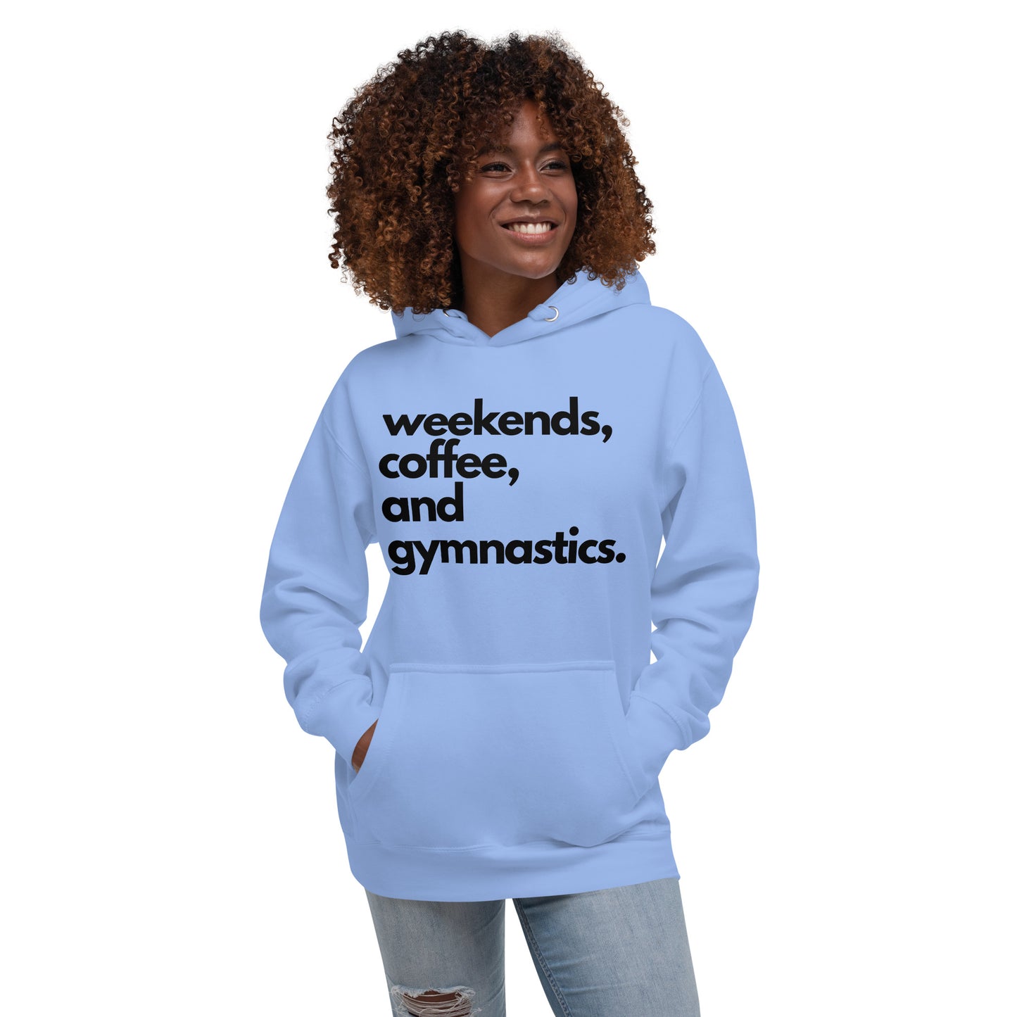 Light blue gymnastics parent hoodie with front text "weekends, coffee, and gymnastics"