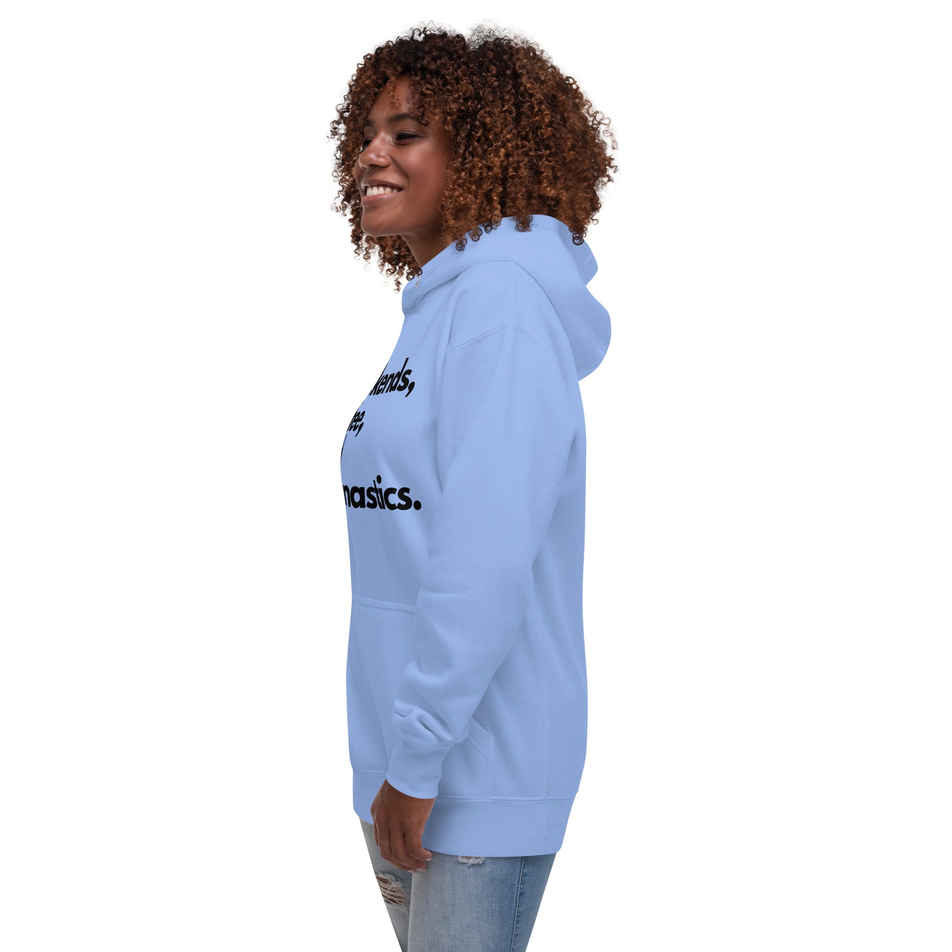 Light blue hoodie side view with partial front text