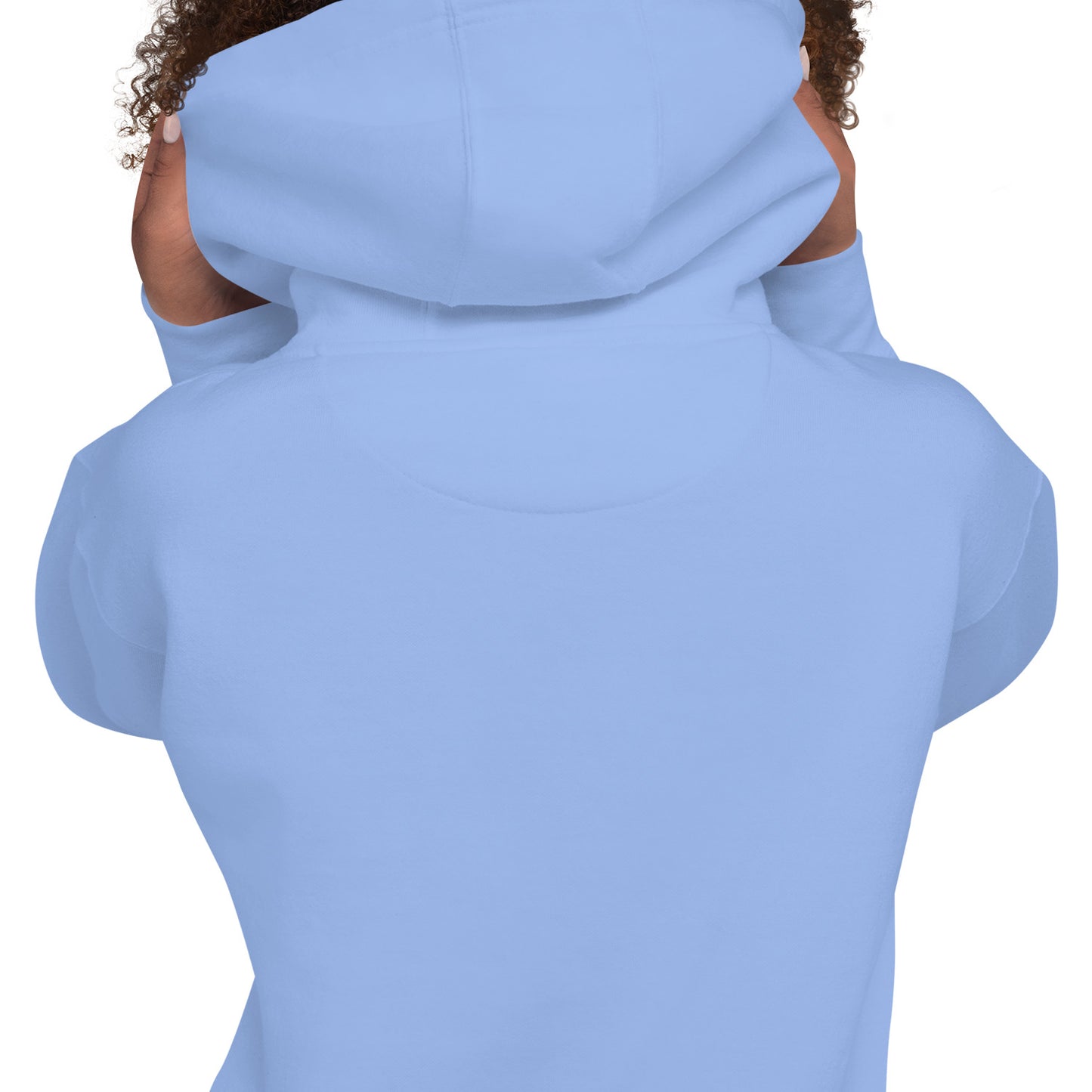 Light blue hoodie close-up with hood and drawcord