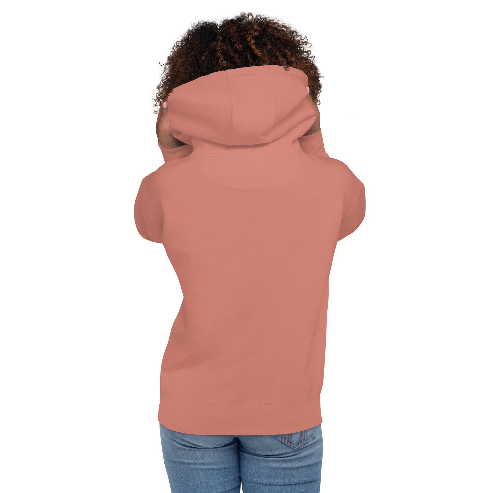 Dusty rose hoodie back view with full hood