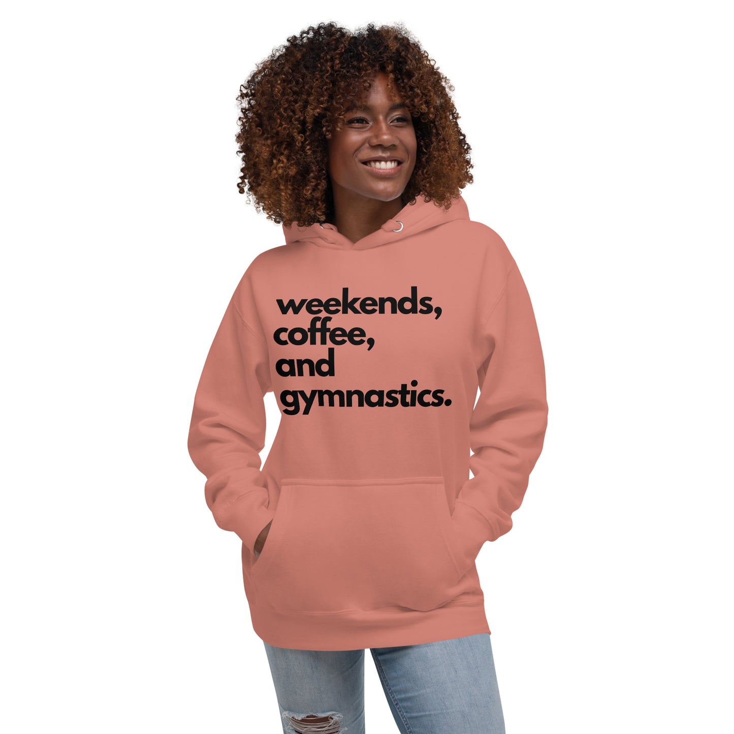 Dusty rose gymnastics parent hoodie with front text "weekends, coffee, and gymnastics"