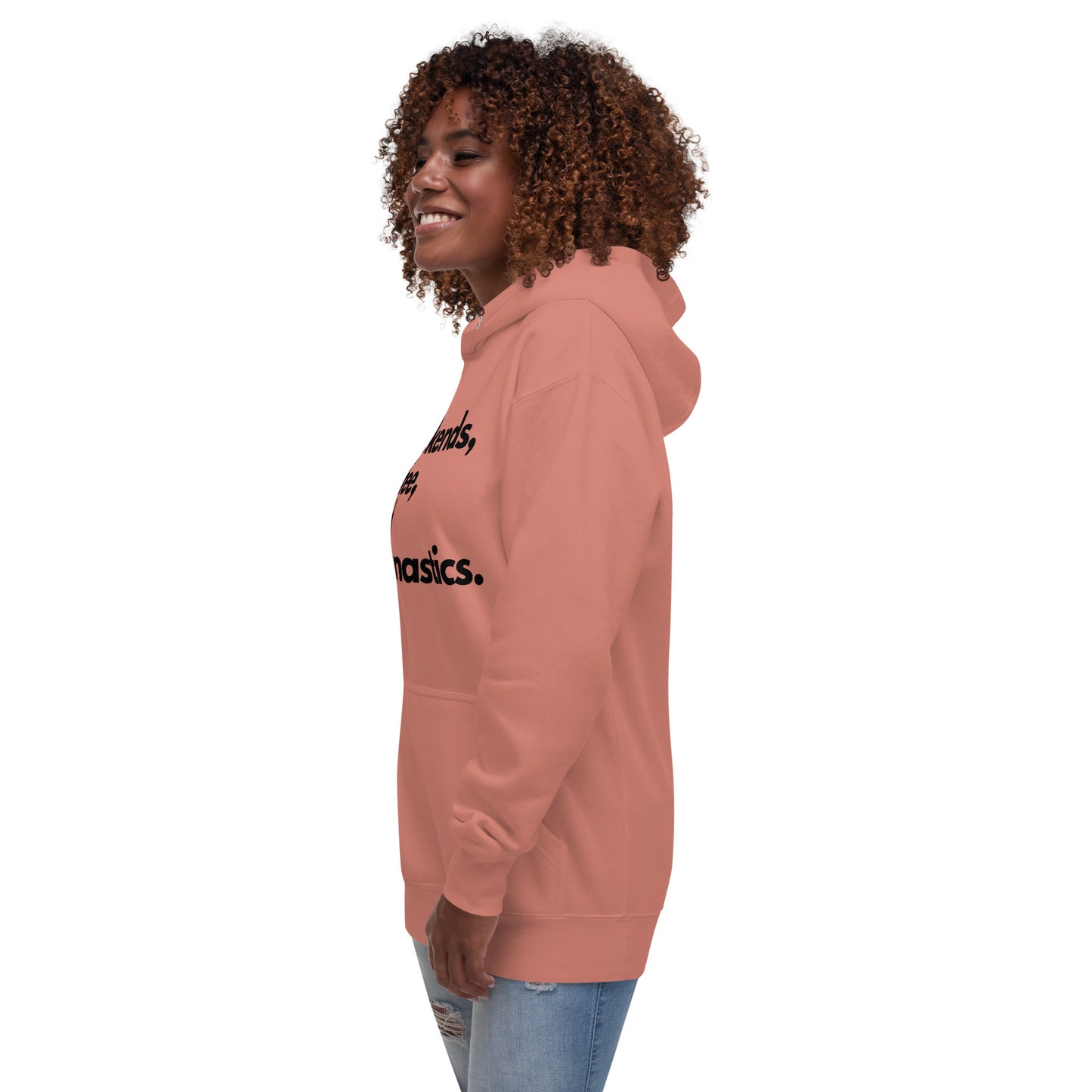 Dusty rose hoodie side view with partial front text