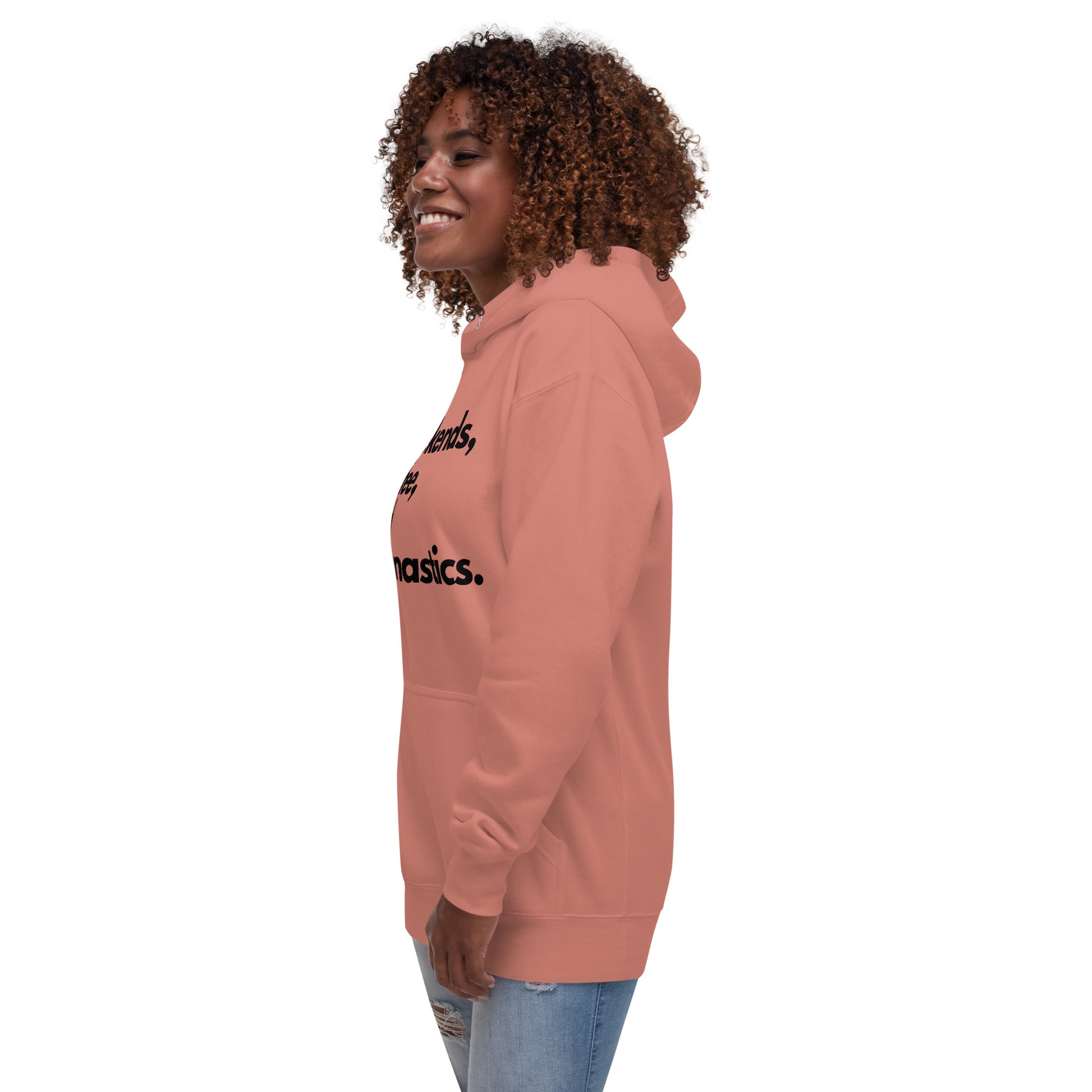 Dusty rose hoodie side view with partial front text