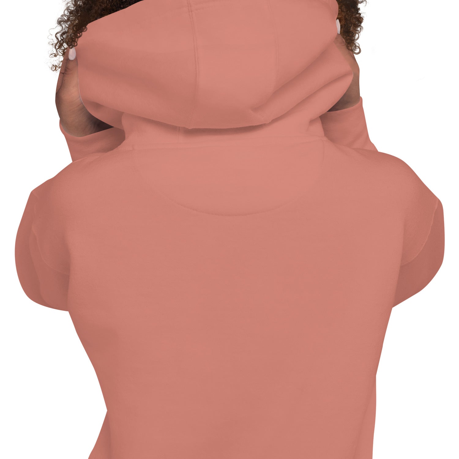 Dusty rose hoodie close-up with hood and drawcord