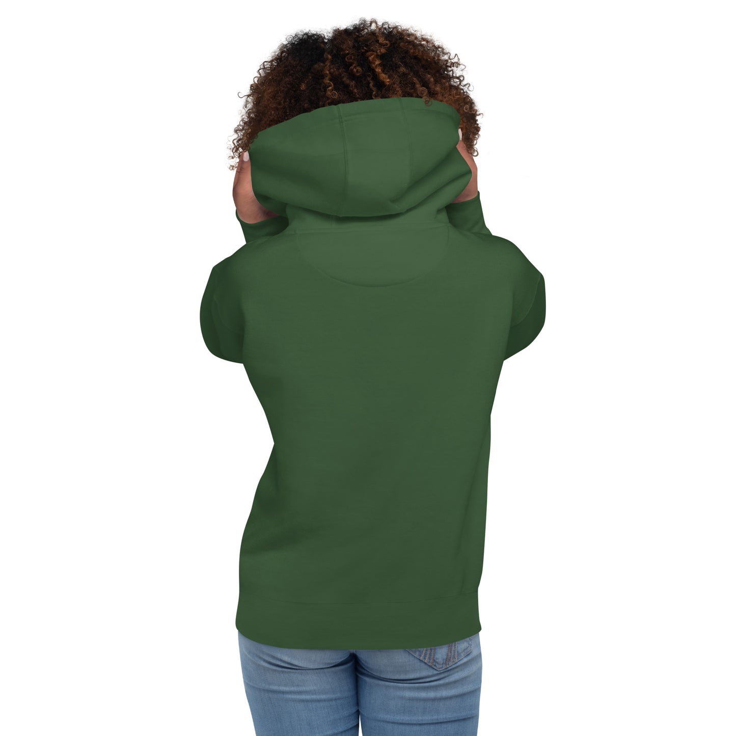 Green gymnastics parent hoodie, back view with hood and long sleeves