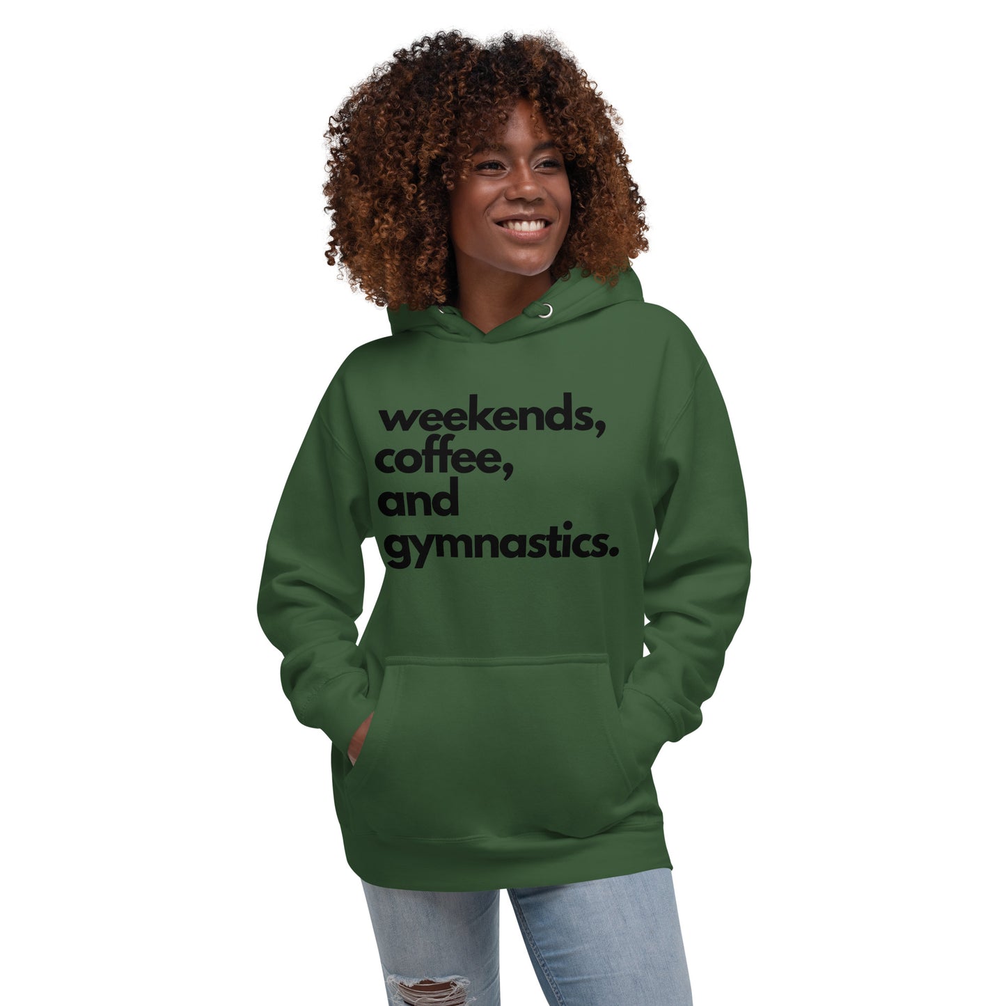 Green hooded sweatshirt with front text design, kangaroo pocket, and drawstring hood