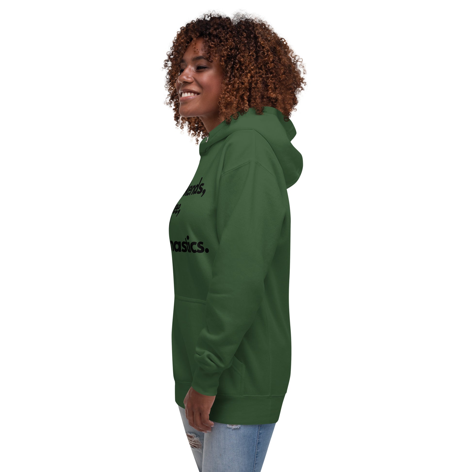 Green gymnastics parent hoodie, side view with hood and front pocket