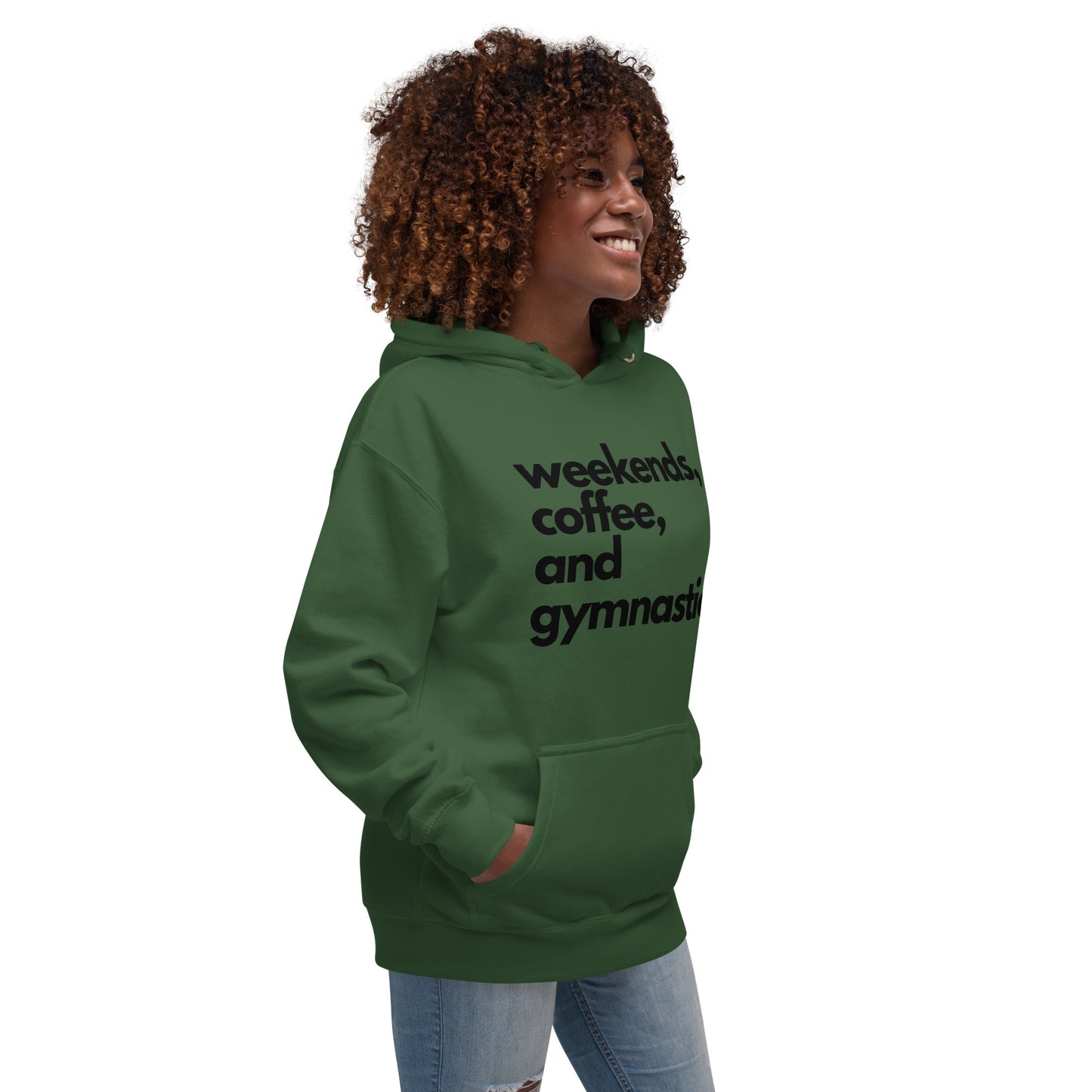 Green hoodie with black "weekends, coffee, and gymnastics" text on chest