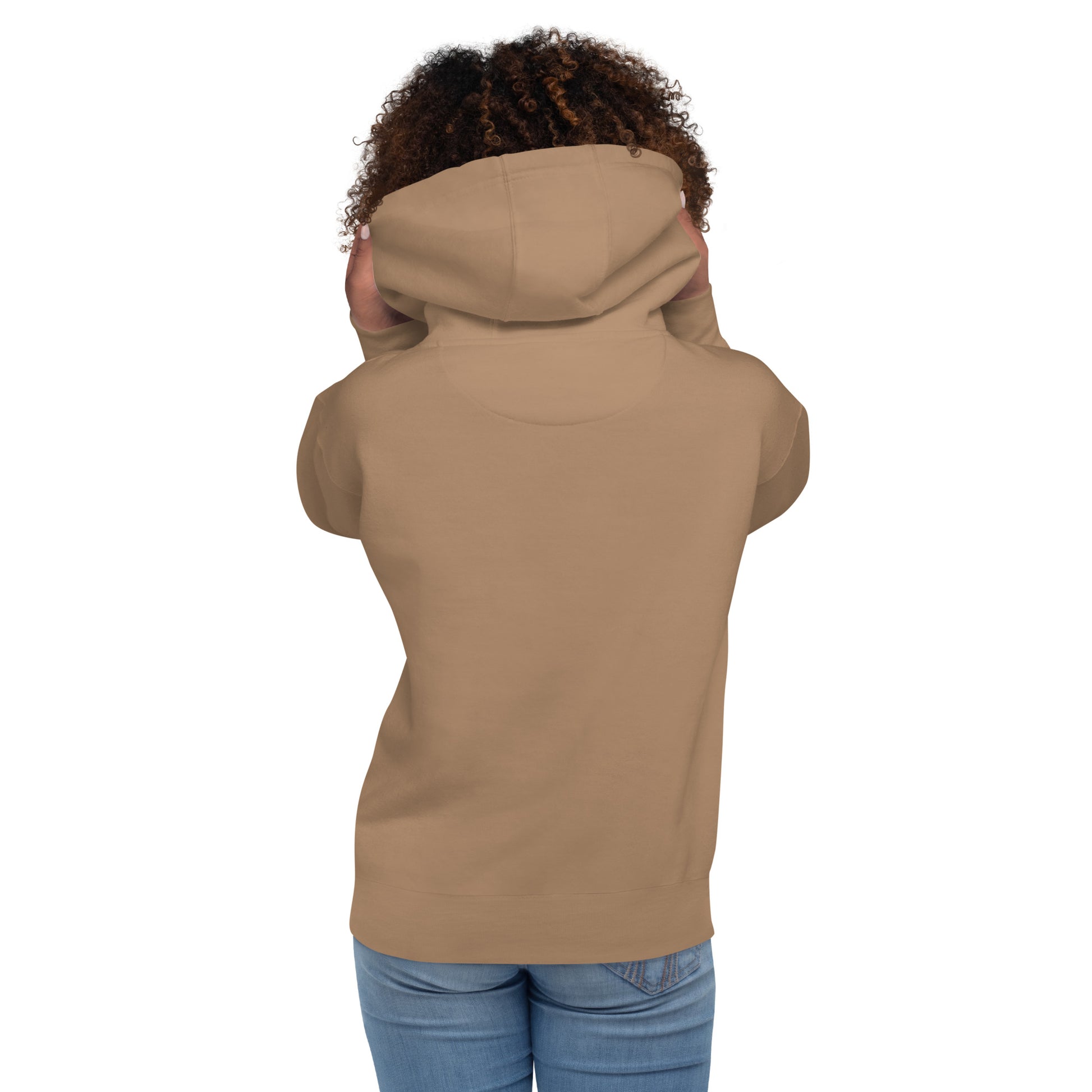 Latte tan pullover hoodie with hood and kangaroo pocket, back view.