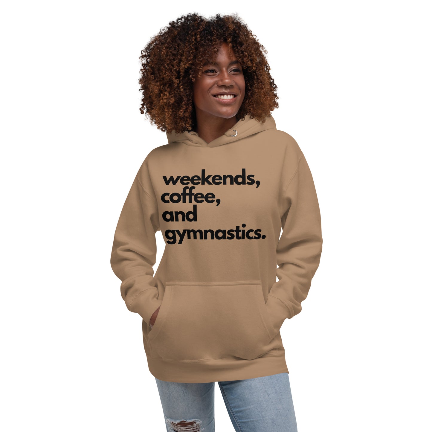 Latte tan pullover hoodie with hood and kangaroo pocket, front view.