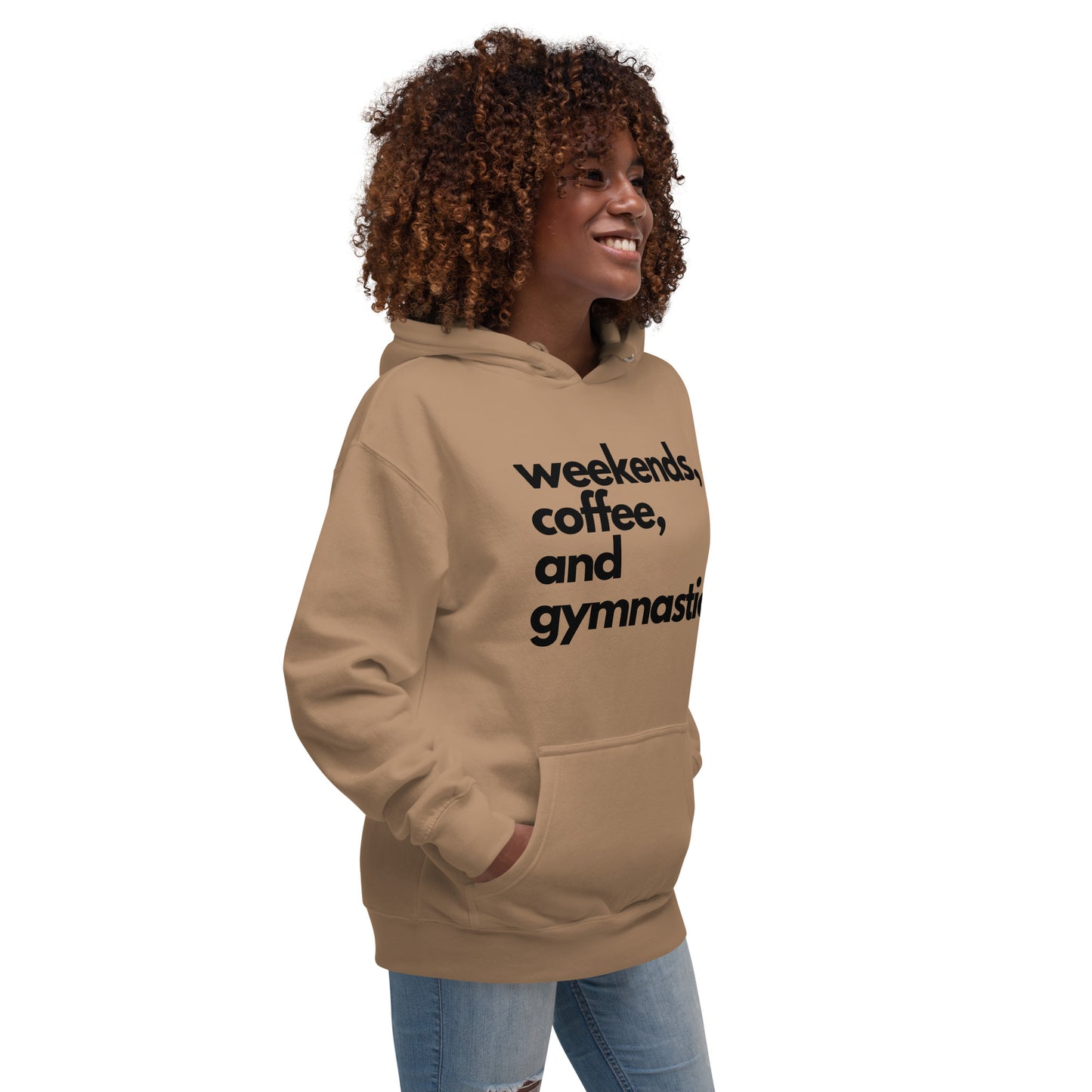 Latte tan pullover hoodie with 'weekends, coffee, and gymnastics' print, front view.