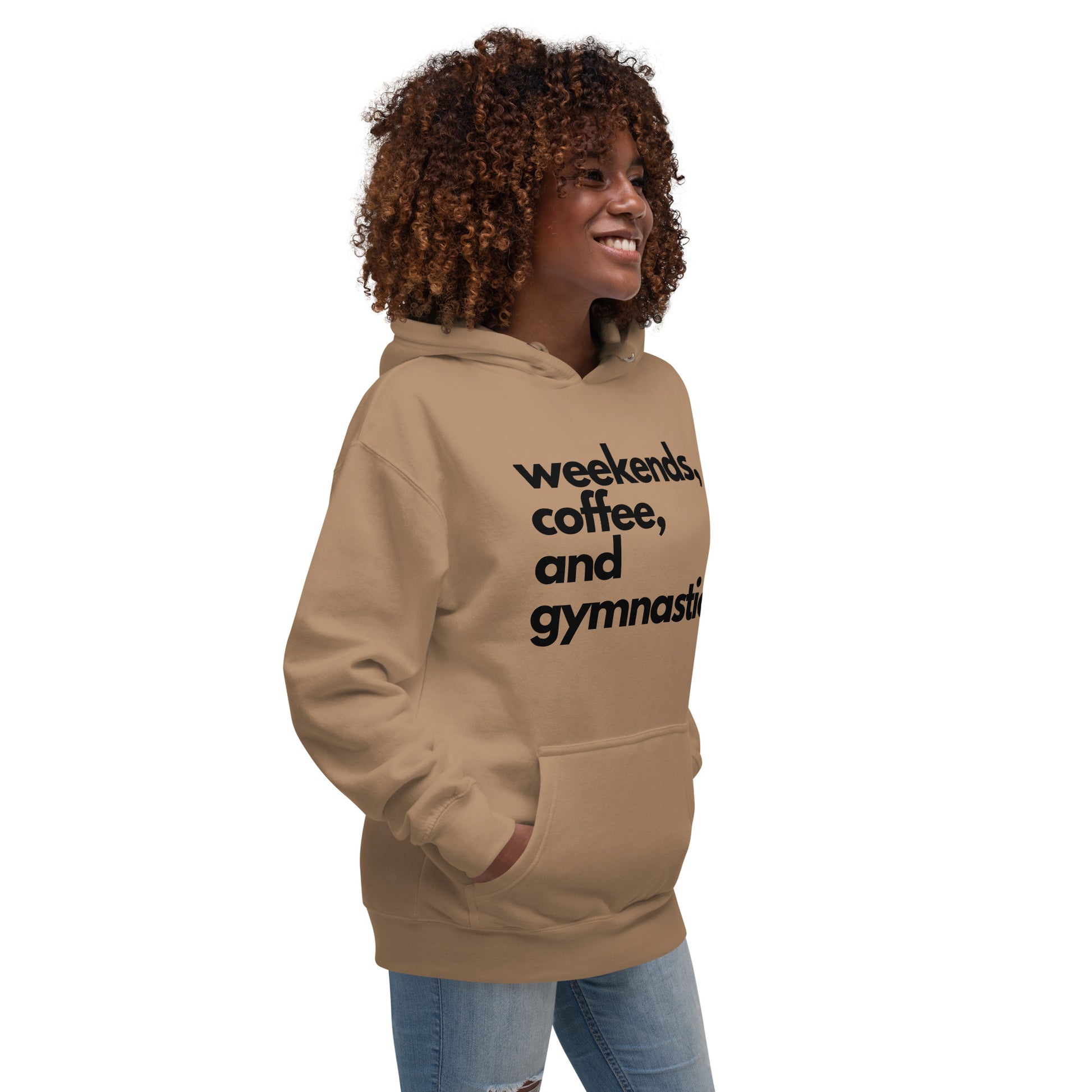 Latte tan pullover hoodie with 'weekends, coffee, and gymnastics' print, front view.