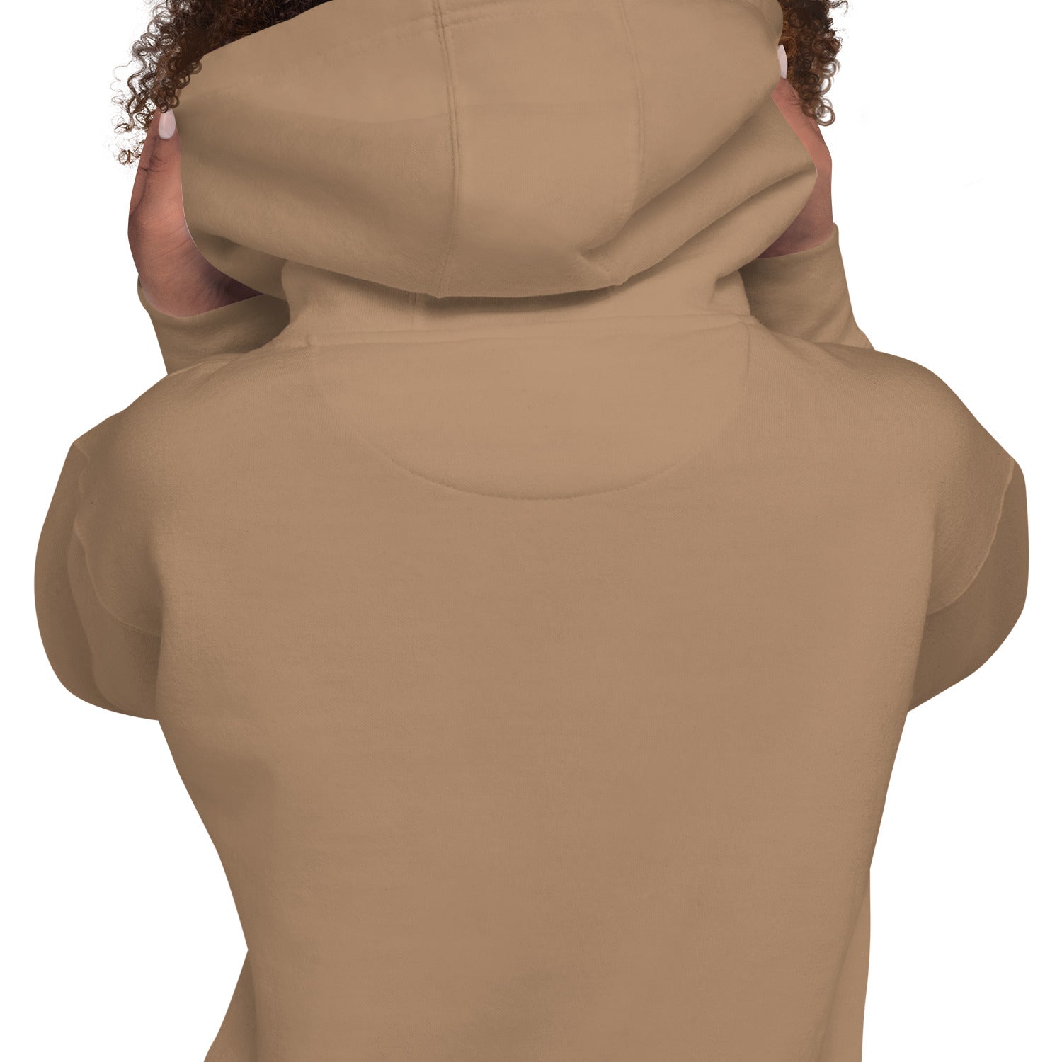 Latte tan pullover hoodie with hood, back view.