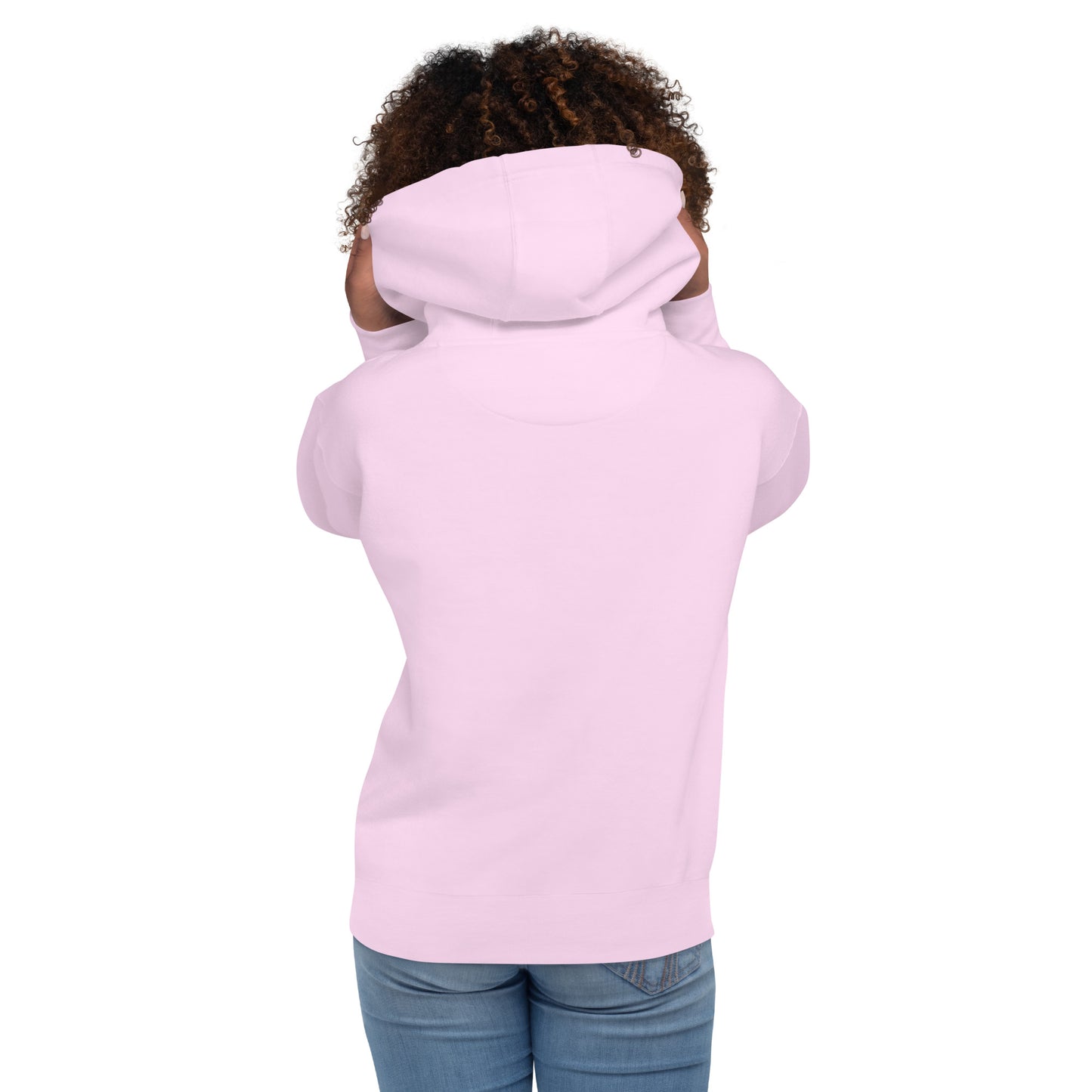 Light pink hoodie with front hood and pocket, back view