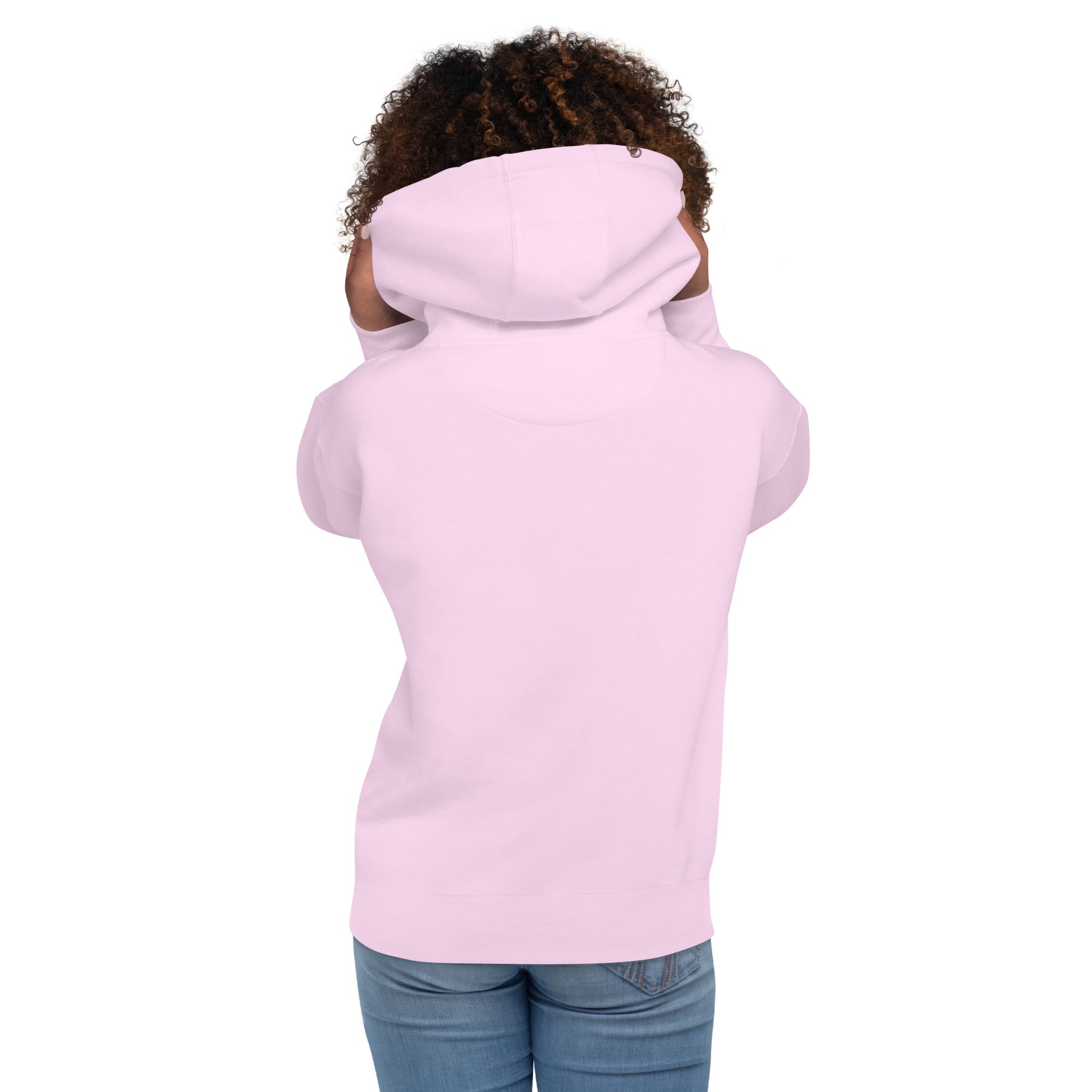 Light pink hoodie with front hood and pocket, back view