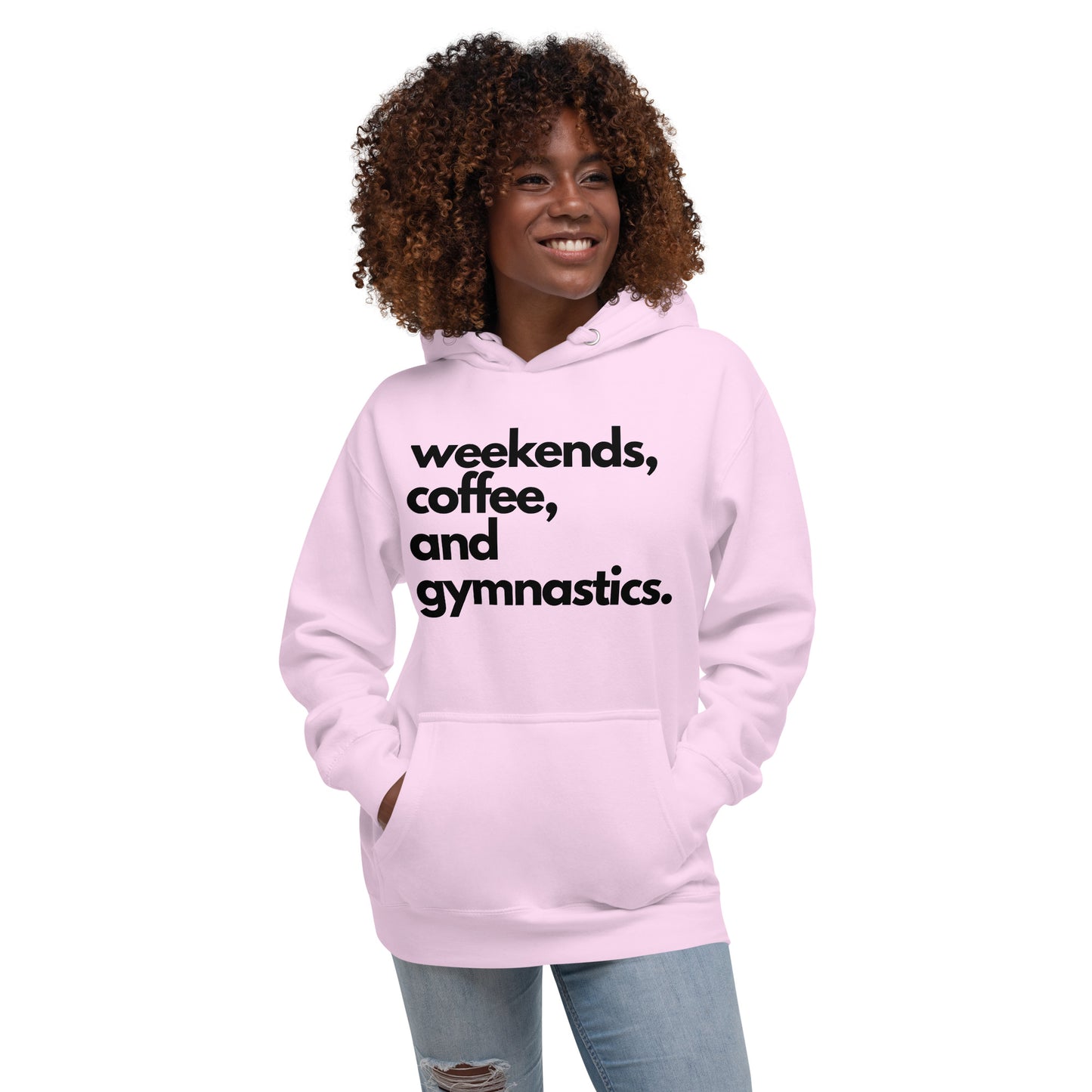 Light purple parent hoodie with hood and kangaroo pocket, front graphic text.