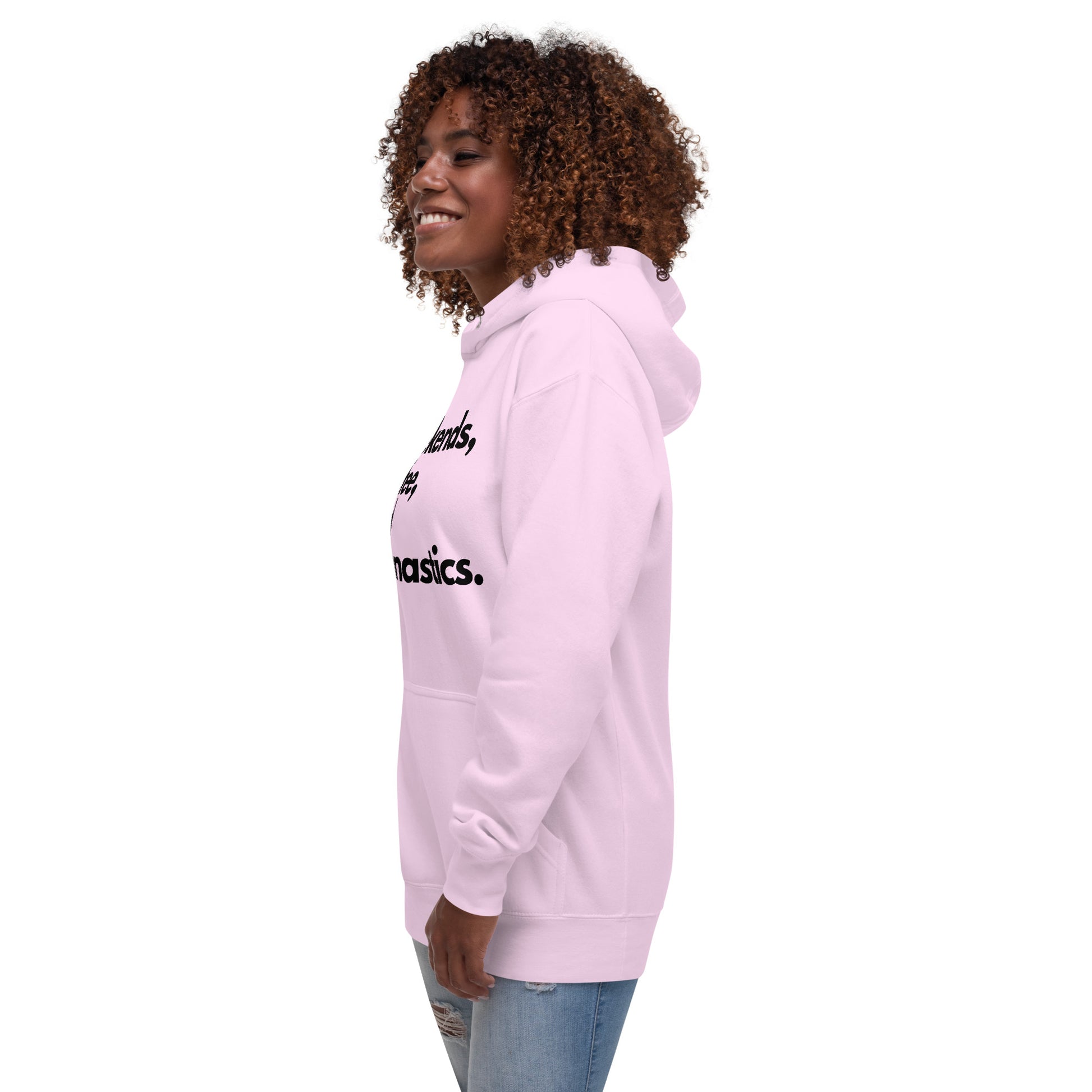 Light pink hoodie with long sleeves, side view, partial chest print