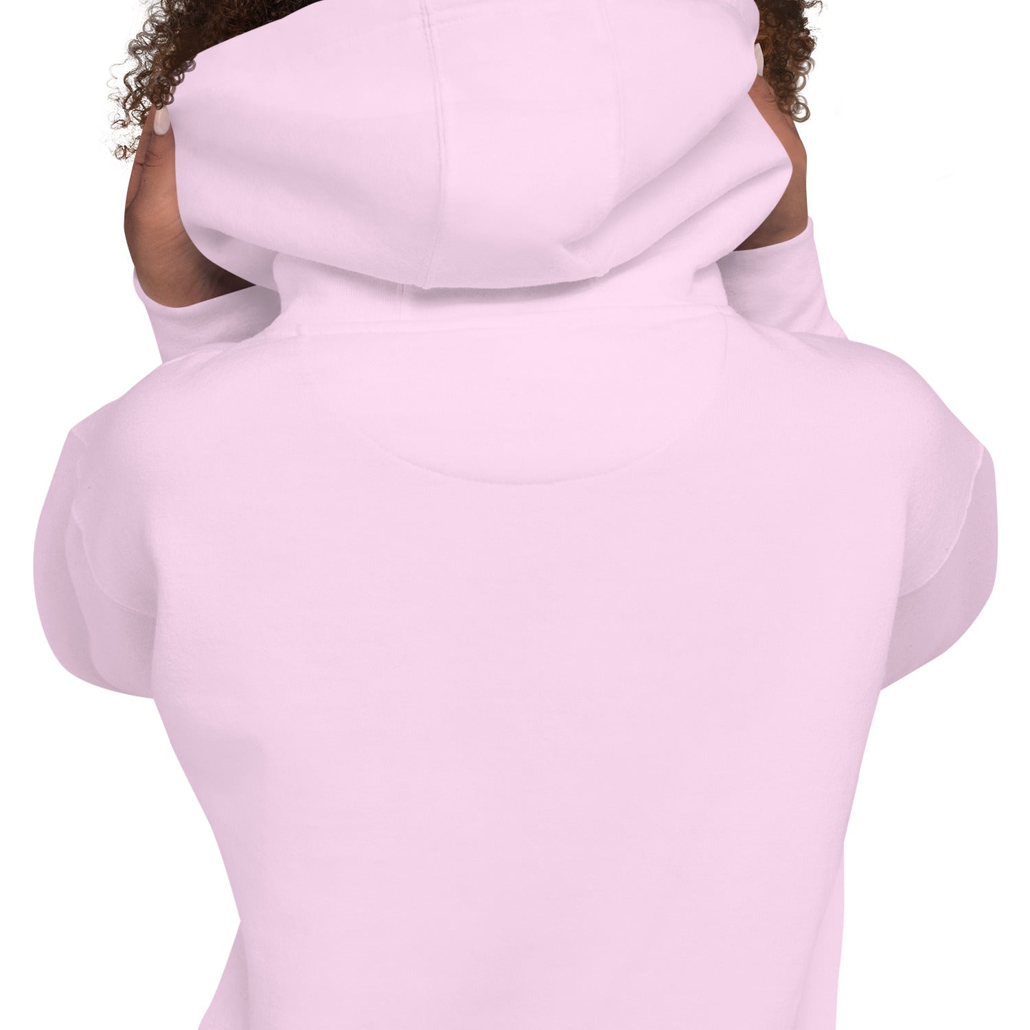 Light pink hoodie close-up of hood and shoulders, back view