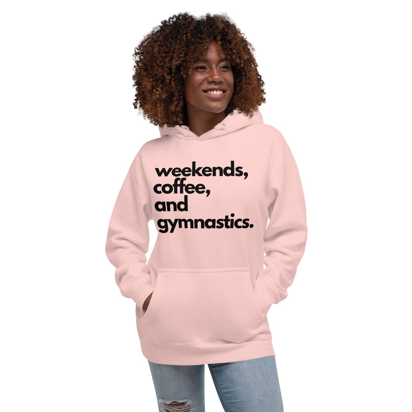 Light pink pullover hoodie with hood and kangaroo pocket, front view.