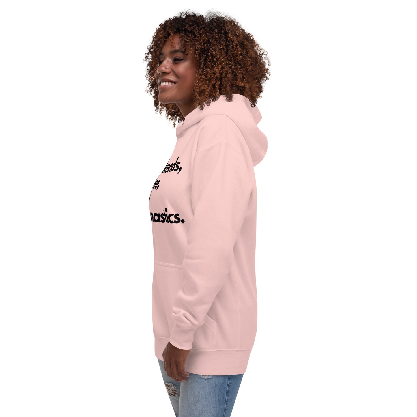 Pink parent hoodie, side view with partial graphic print on sleeve.