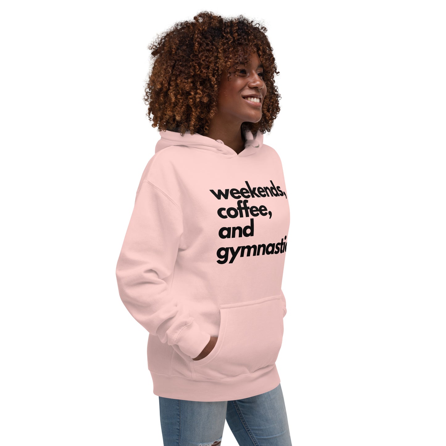 Pink parent hoodie with front graphic text, standing side view.