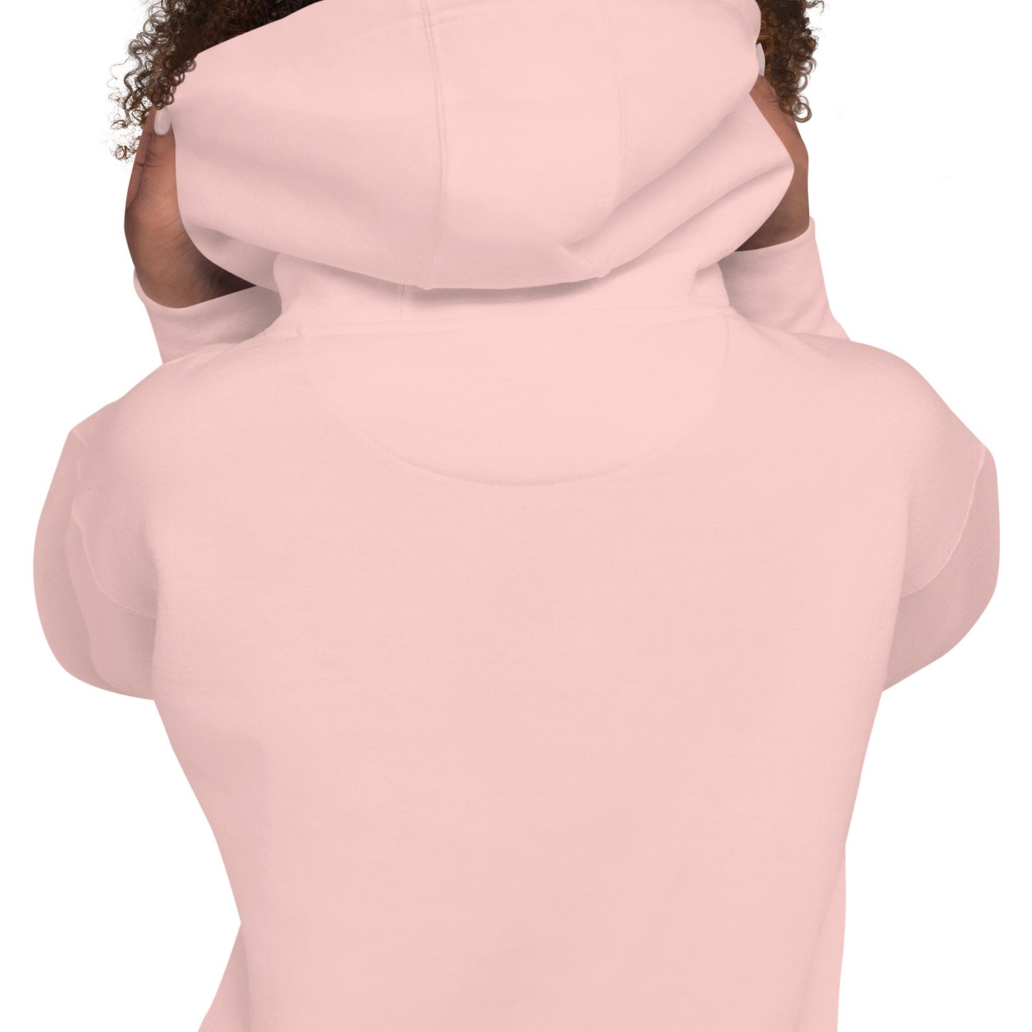 Pink parent hoodie close-up of hood and back neckline.