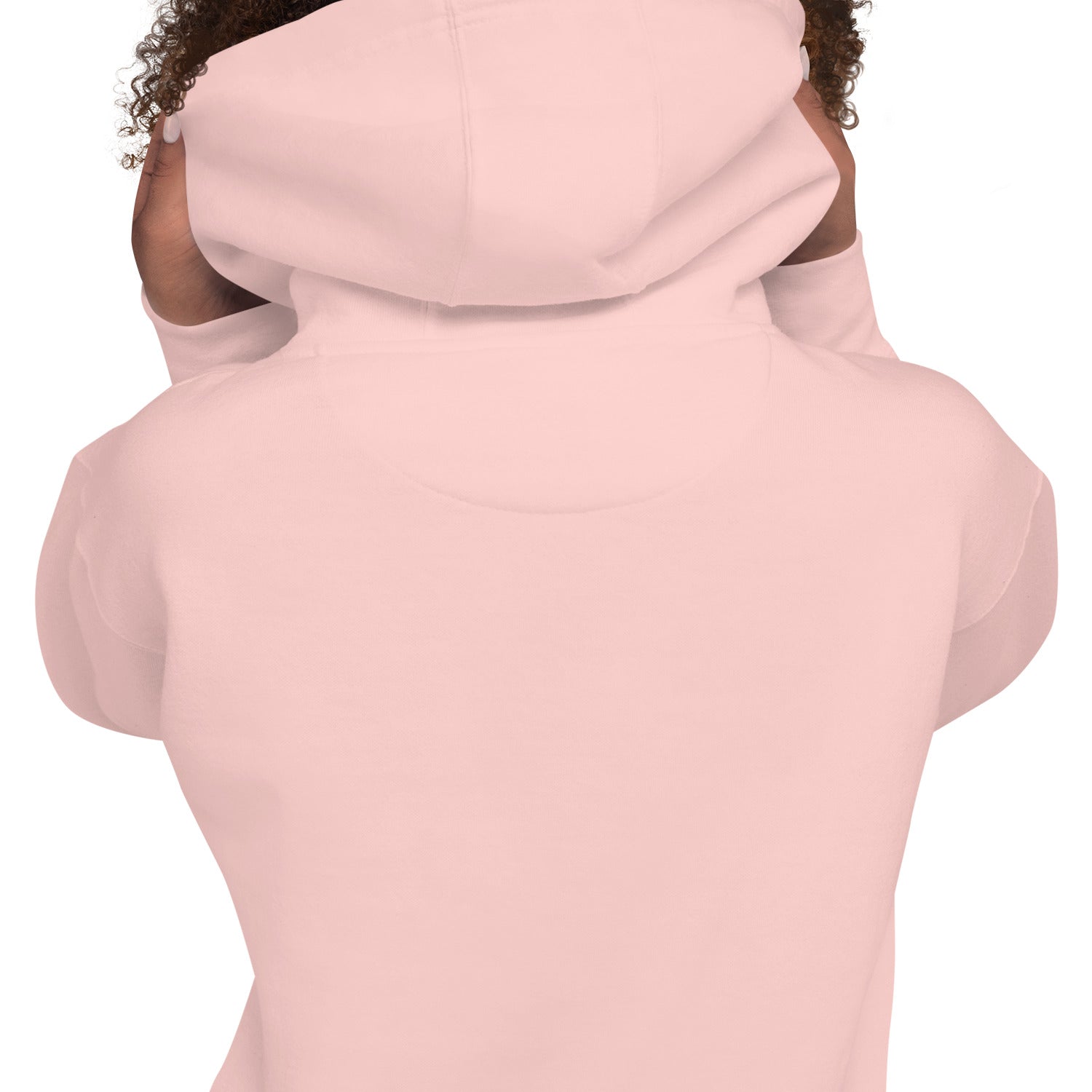 Pink parent hoodie close-up of hood and back neckline.