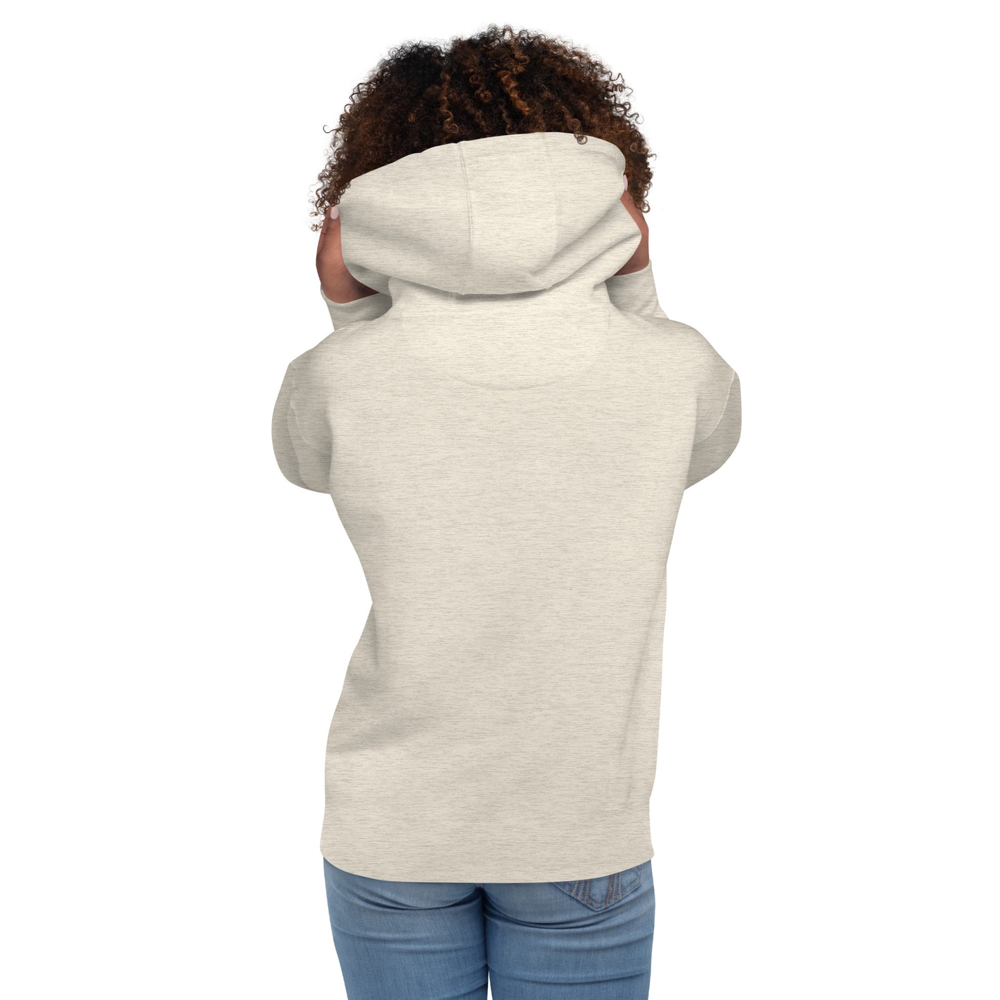 Light heather gray pullover hoodie with hood and kangaroo pocket, back view.