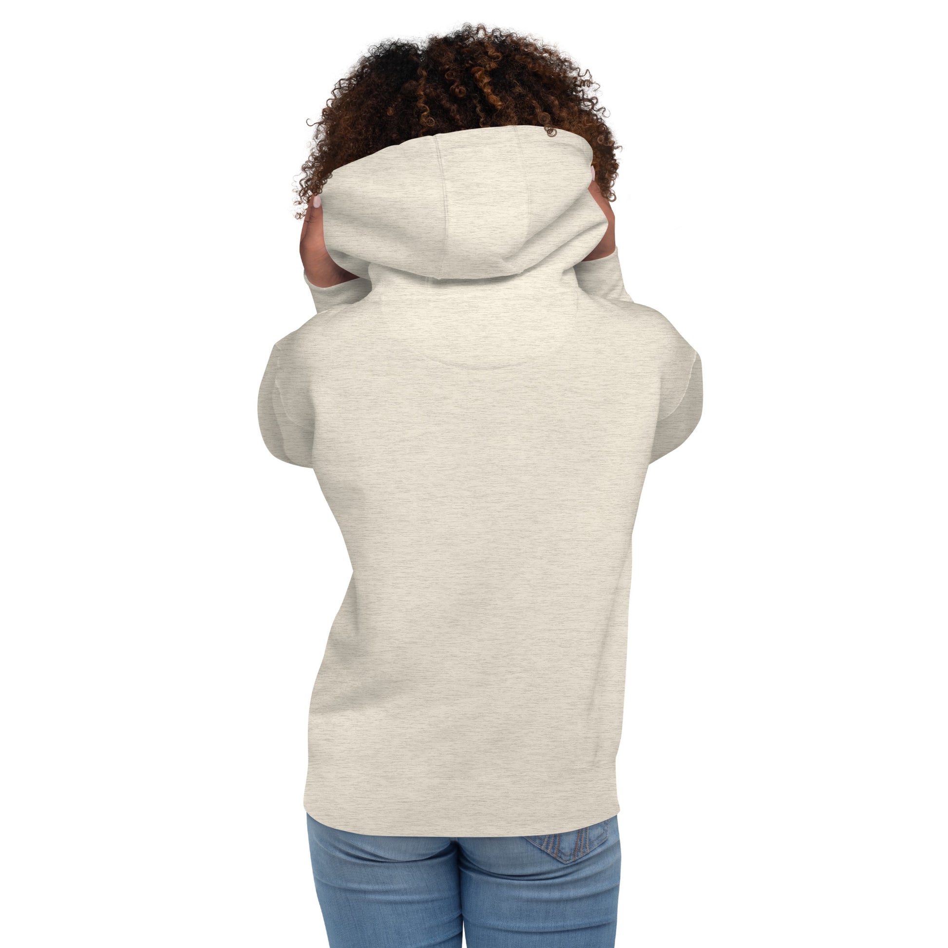 Light heather gray pullover hoodie with hood and kangaroo pocket, back view.