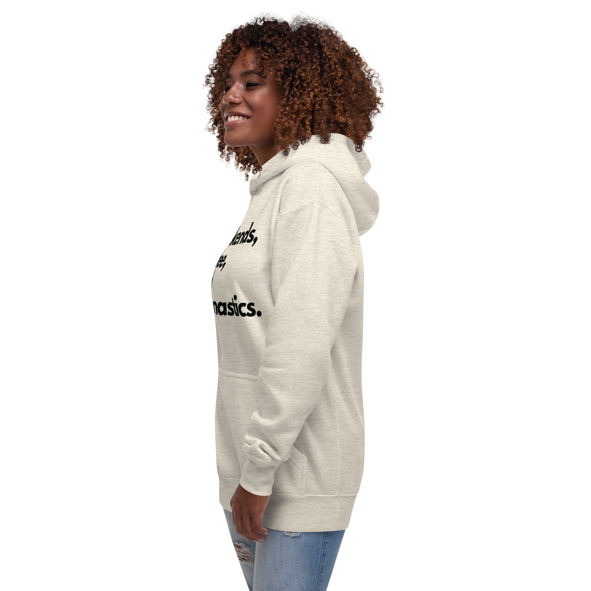 Light heather gray pullover hoodie, side view with hood and kangaroo pocket.