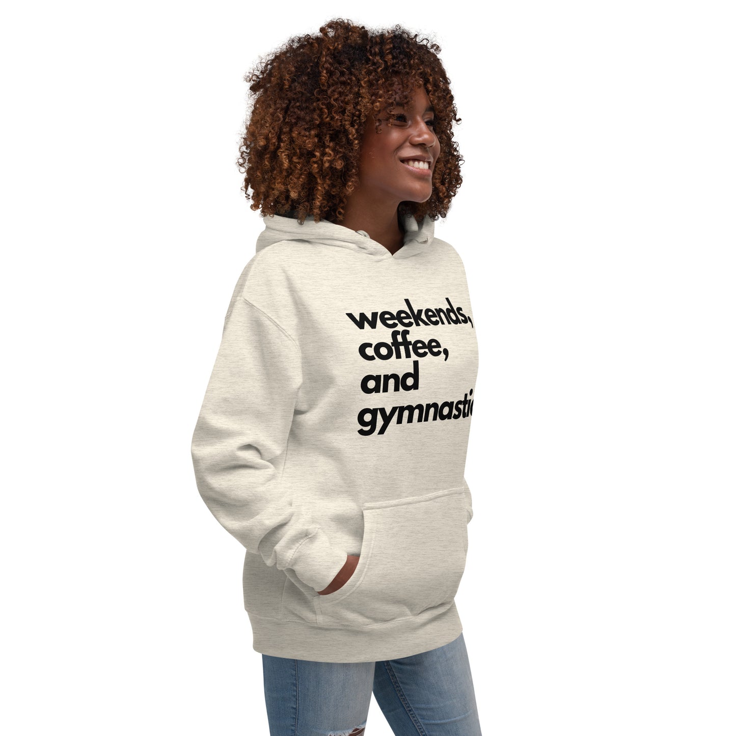 Light heather gray pullover hoodie with black 'weekends, coffee, and gymnastics' print.