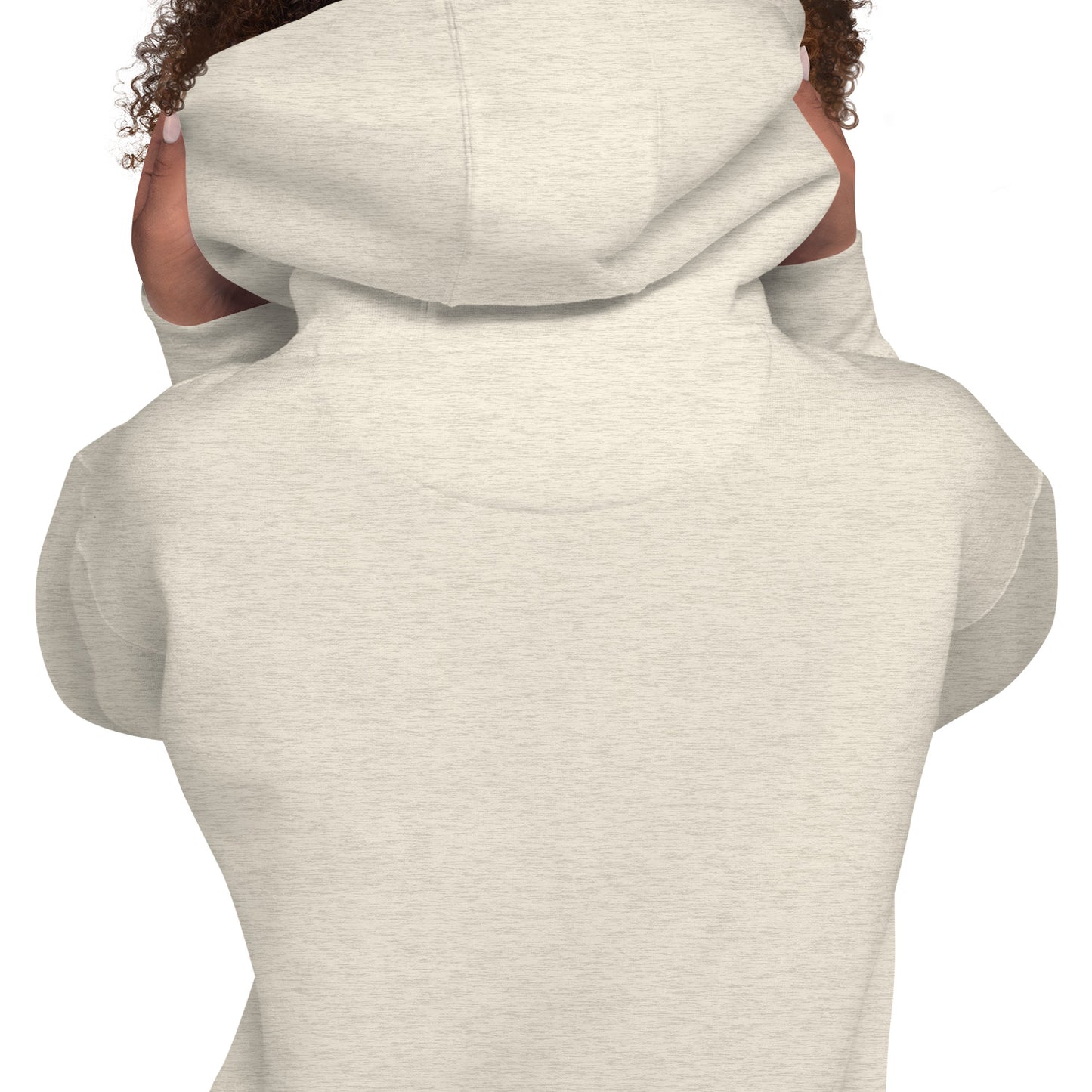 Light heather gray pullover hoodie with hood, back view, front details not visible.