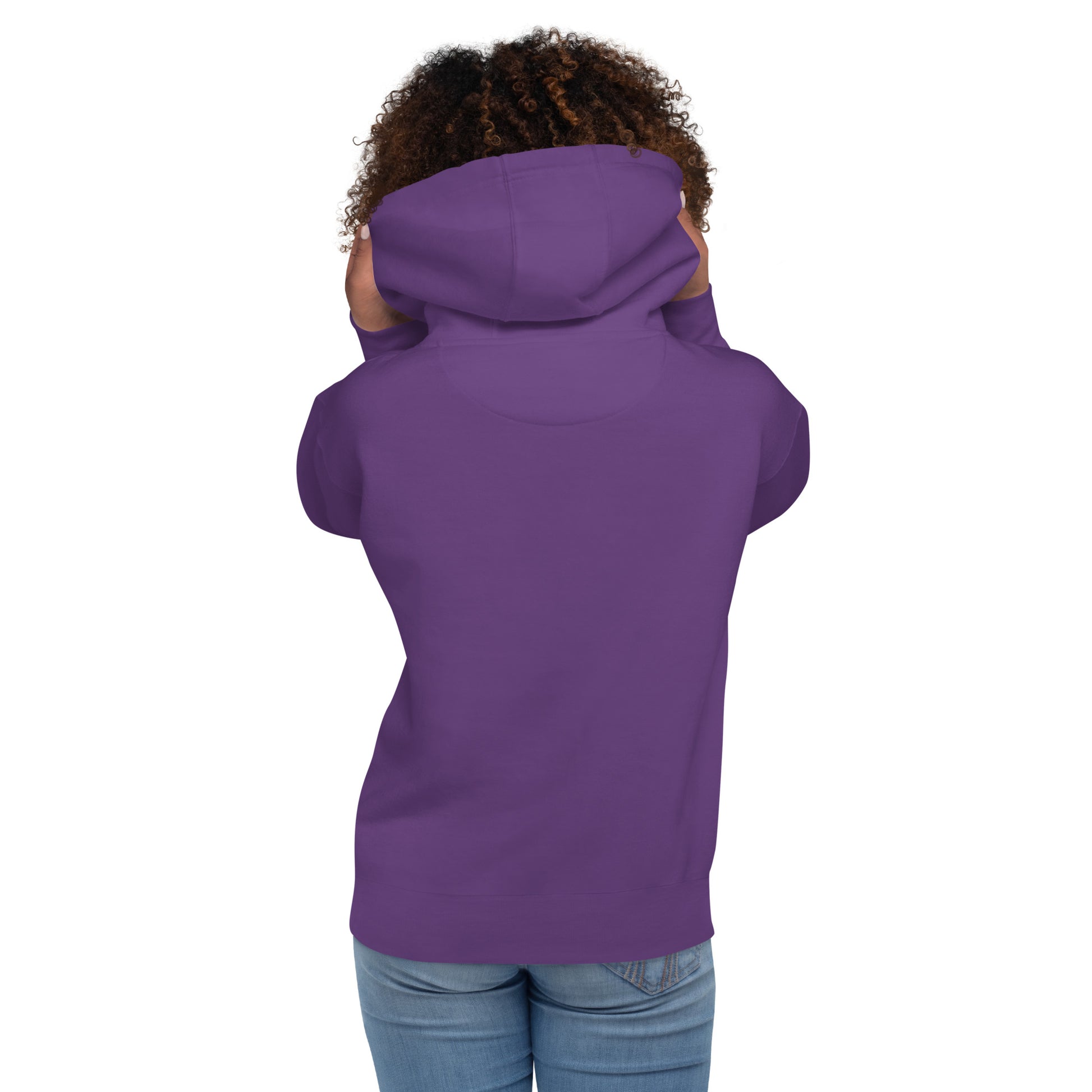Purple hoodie with front hood and pocket, back view