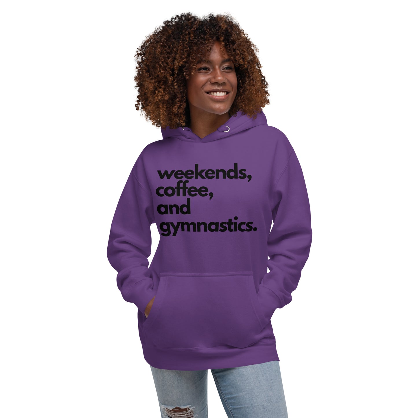 Purple hooded sweatshirt with front text design, kangaroo pocket, and drawstring hood