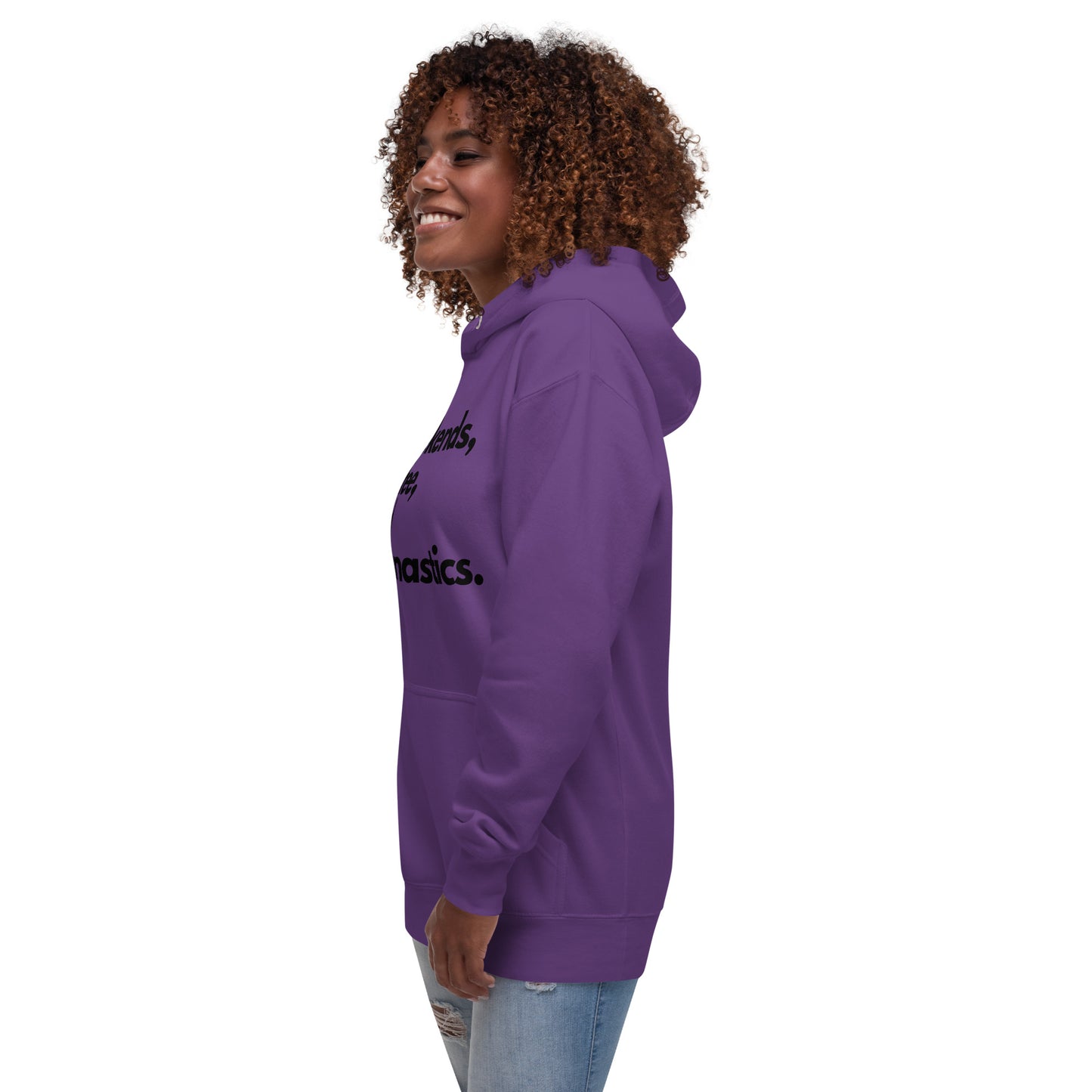 Purple hoodie with long sleeves, side view, partial chest print