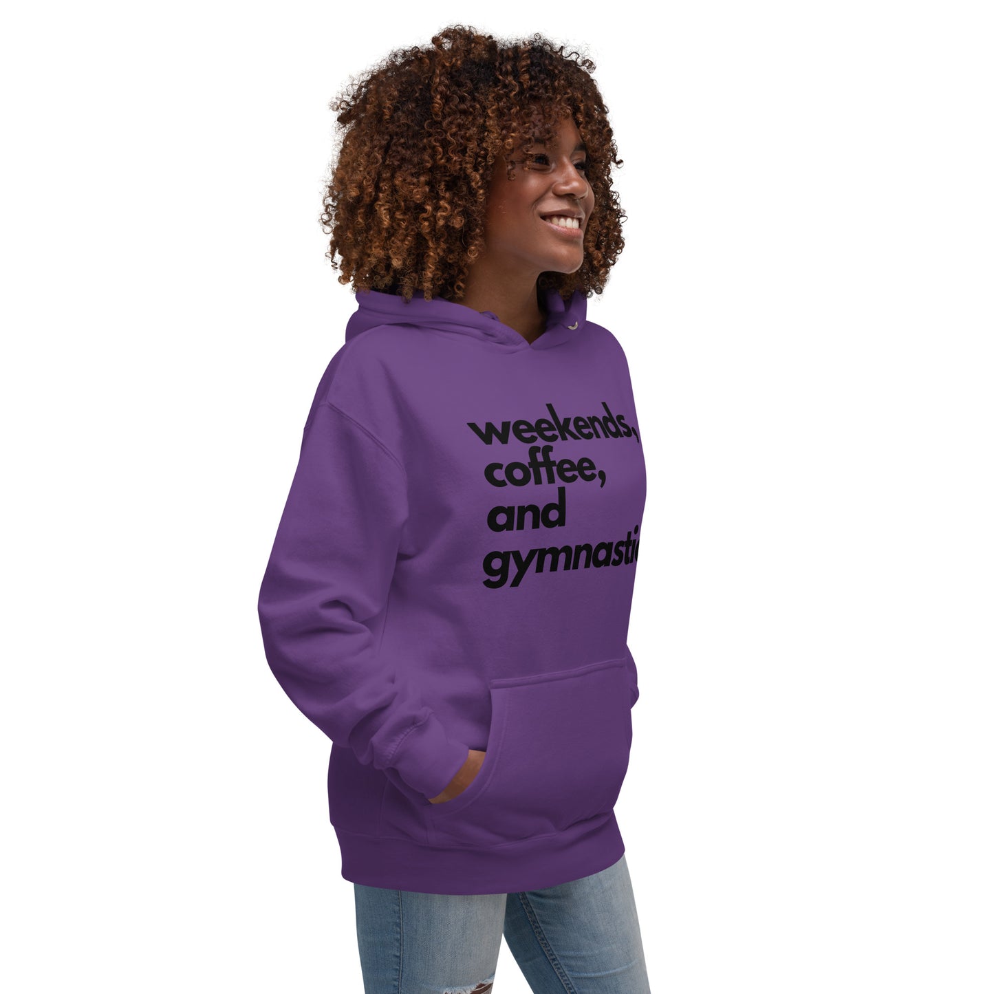 Purple hoodie with 'weekends, coffee, and gymnastics' text on front