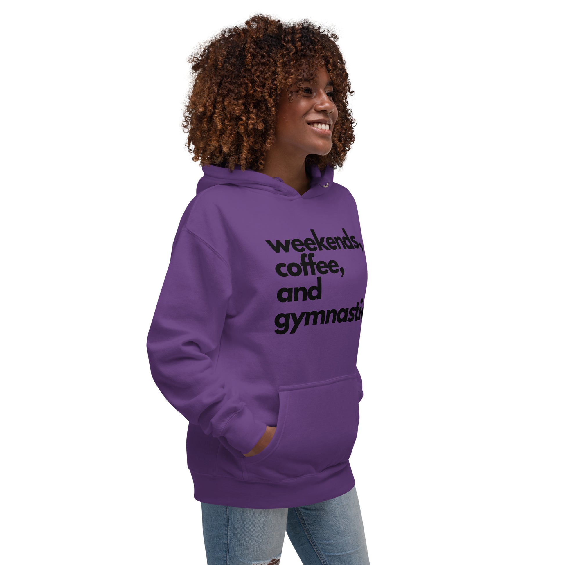 Purple hoodie with 'weekends, coffee, and gymnastics' text on front