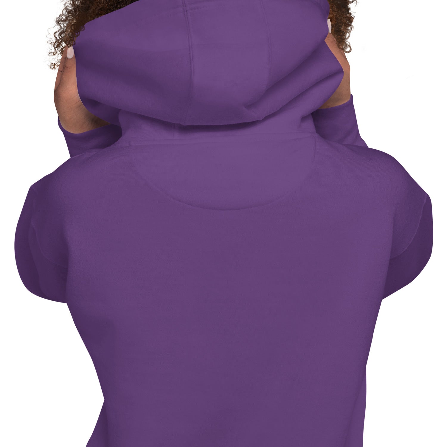 Purple hooded sweatshirt close-up of back hood and drawstring ties