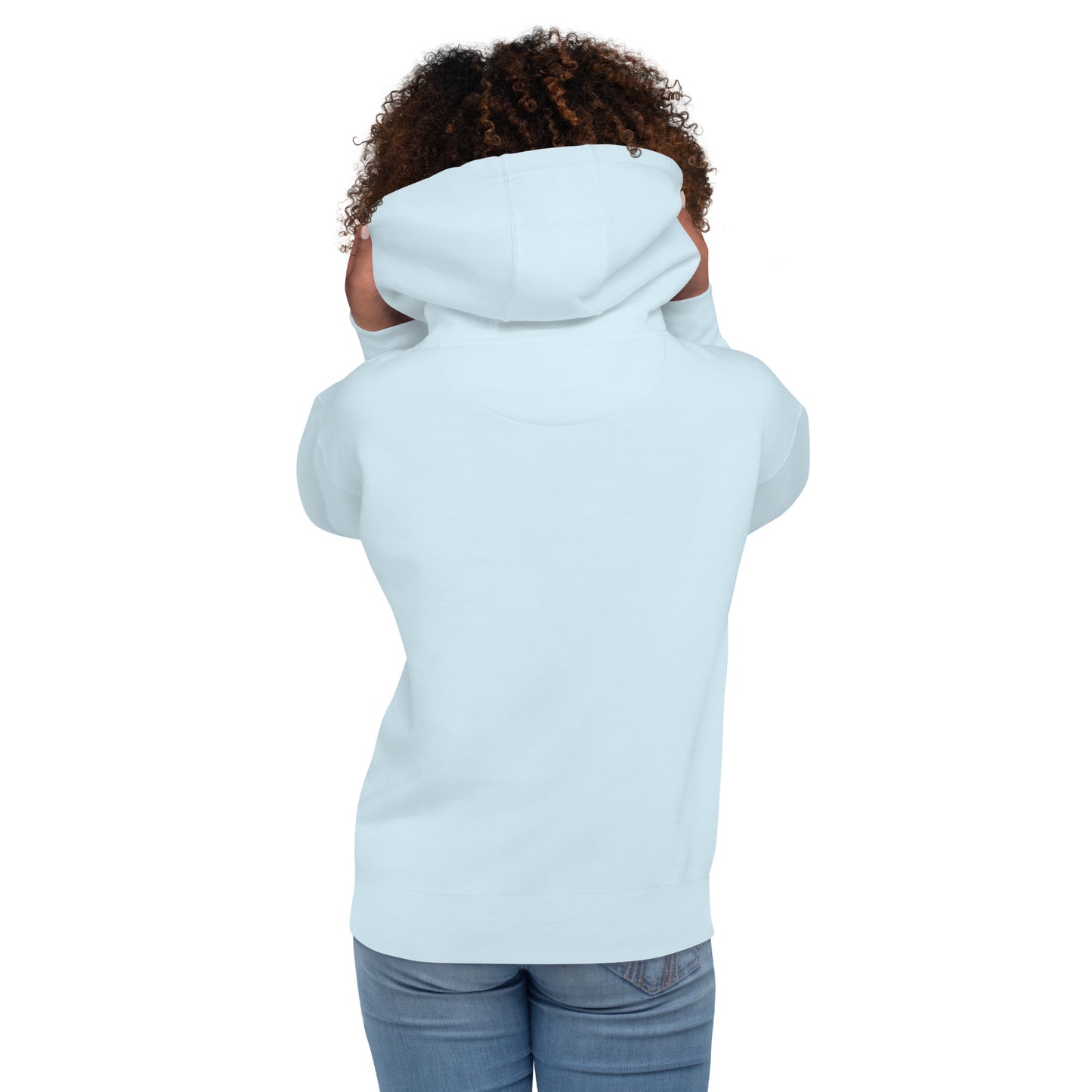 Light blue hoodie with hood and pocket, back view