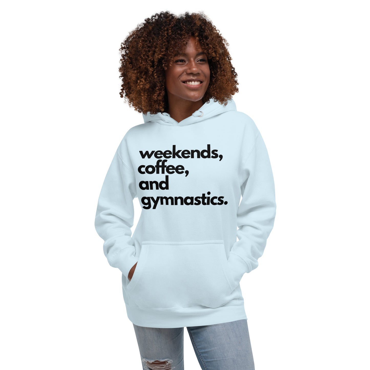 Light blue hoodie with front hood and kangaroo pocket, chest logo text