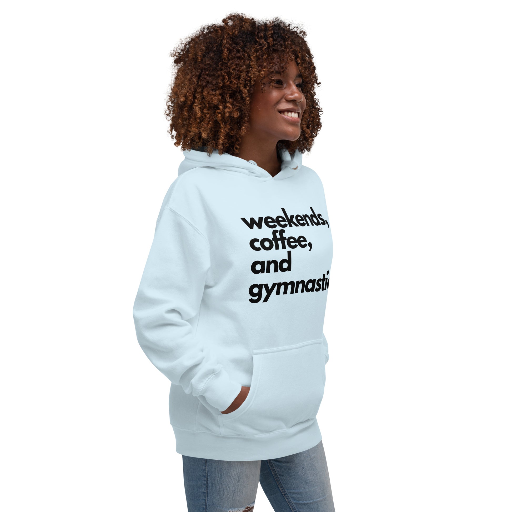 Light blue hooded sweatshirt front view with printed words on the chest