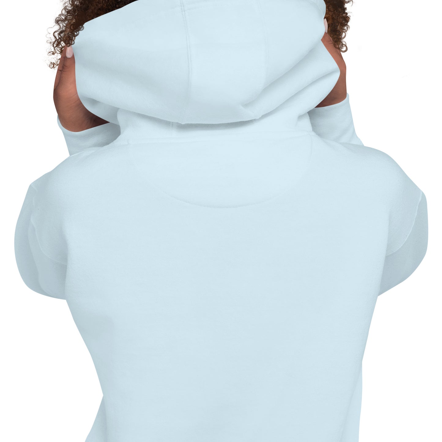 Light blue hoodie close-up of hood and upper back