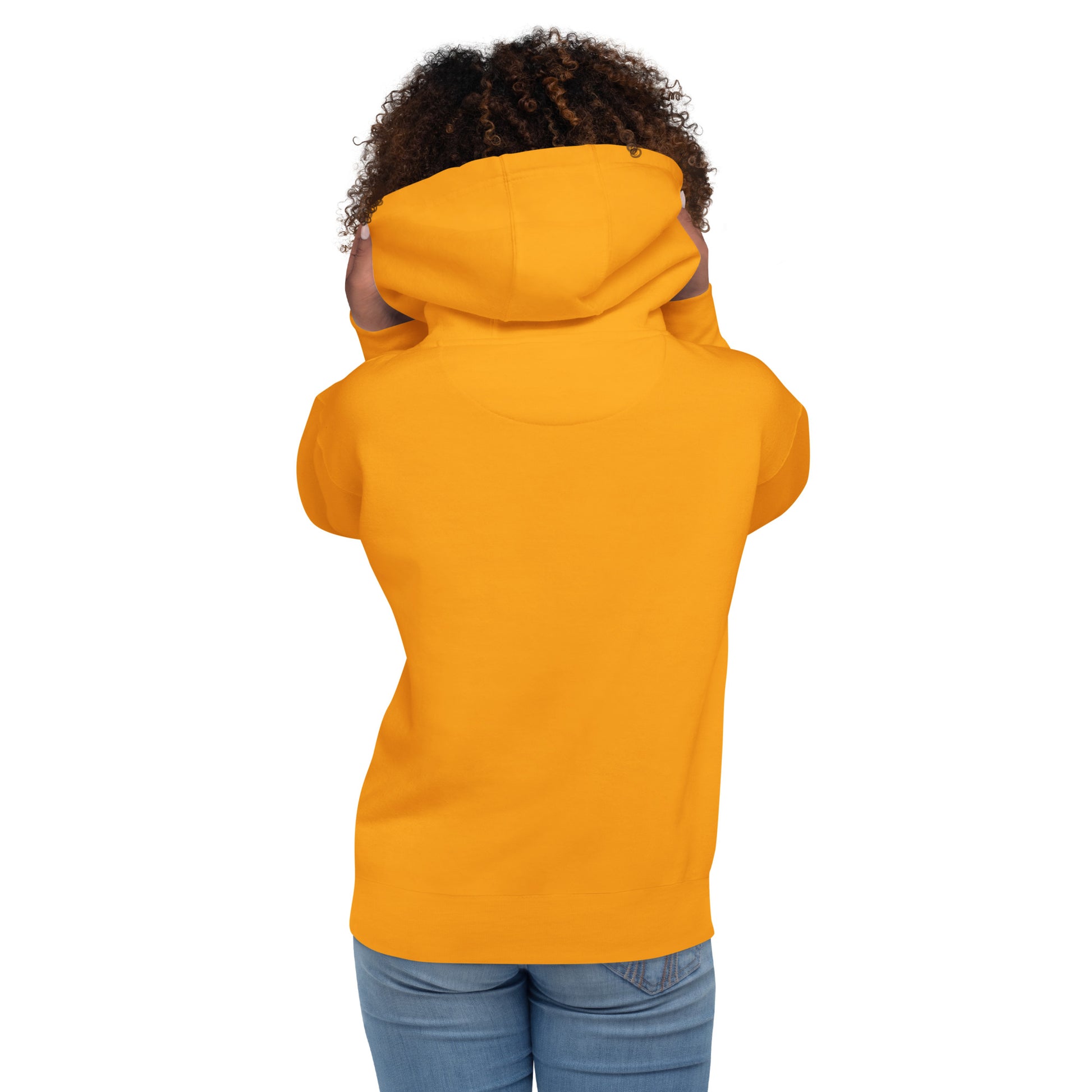 Gold parent hoodie with hood and kangaroo pocket, plain back view.